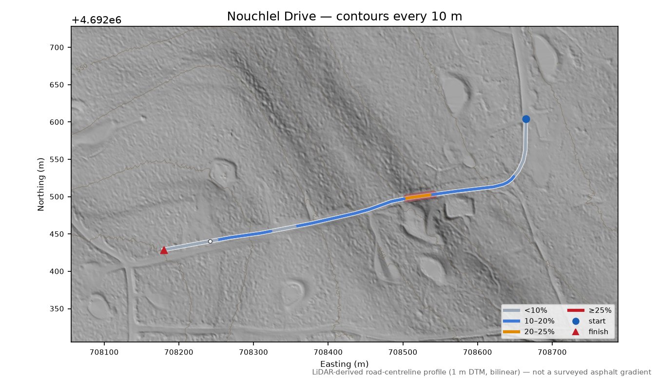 Nouchlel Drive LiDAR hillshade map with contours