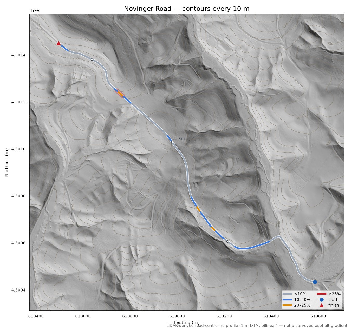 Novinger Road LiDAR hillshade map with contours