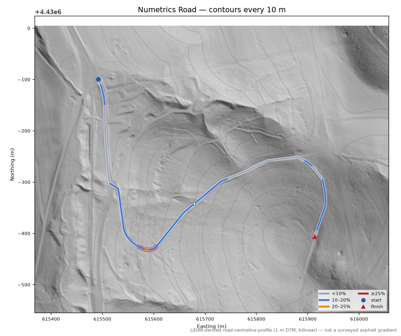 Numetrics Road LiDAR hillshade map with contours