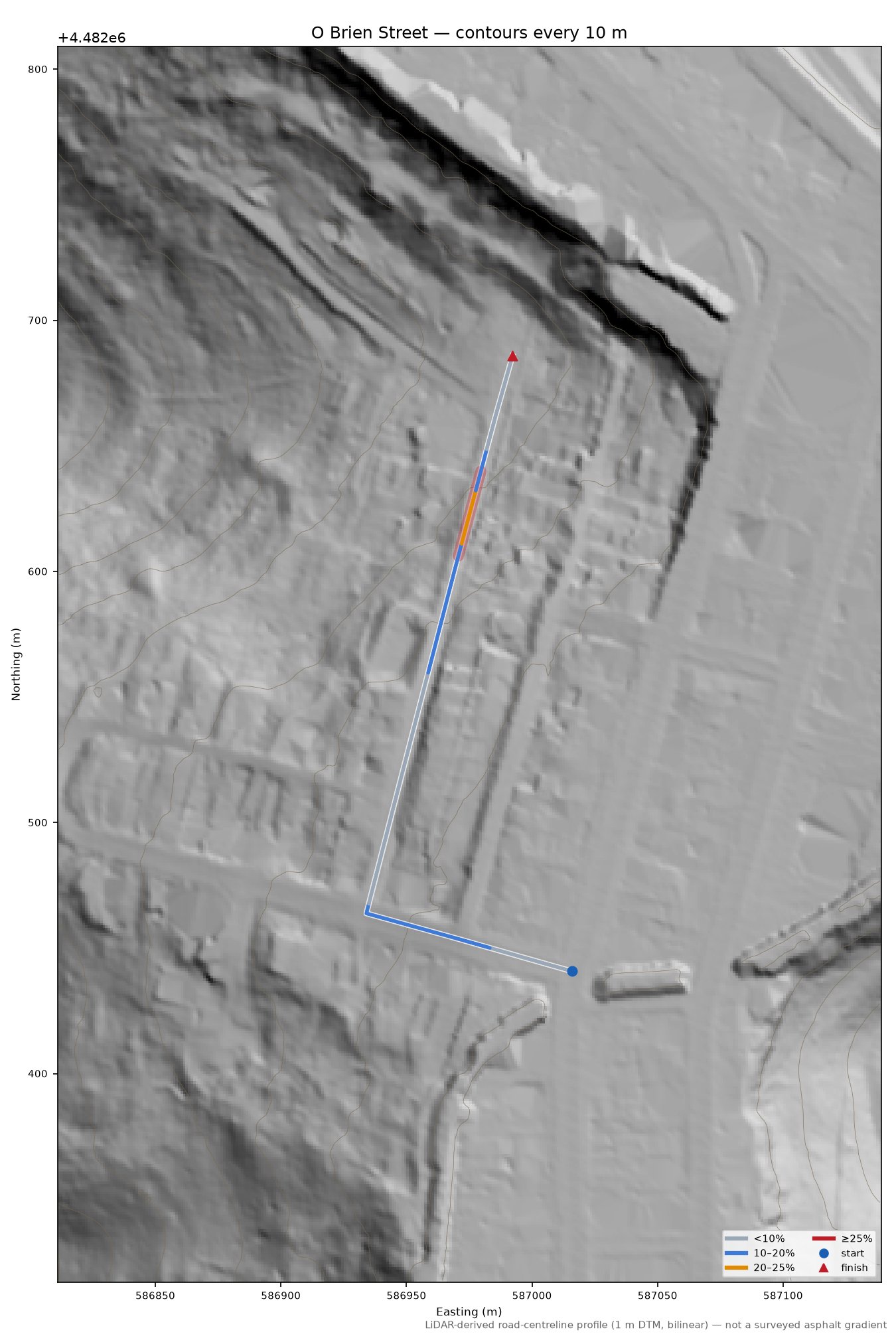 O Brien Street LiDAR hillshade map with contours