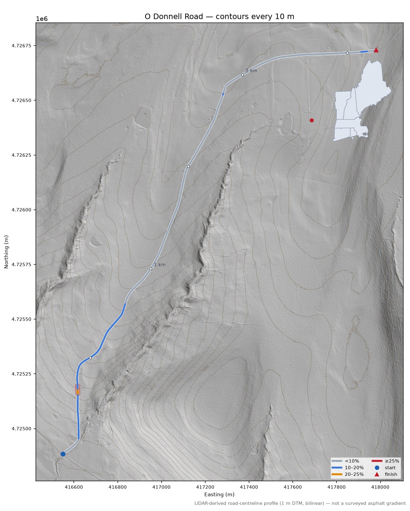 O Donnell Road LiDAR hillshade map with contours
