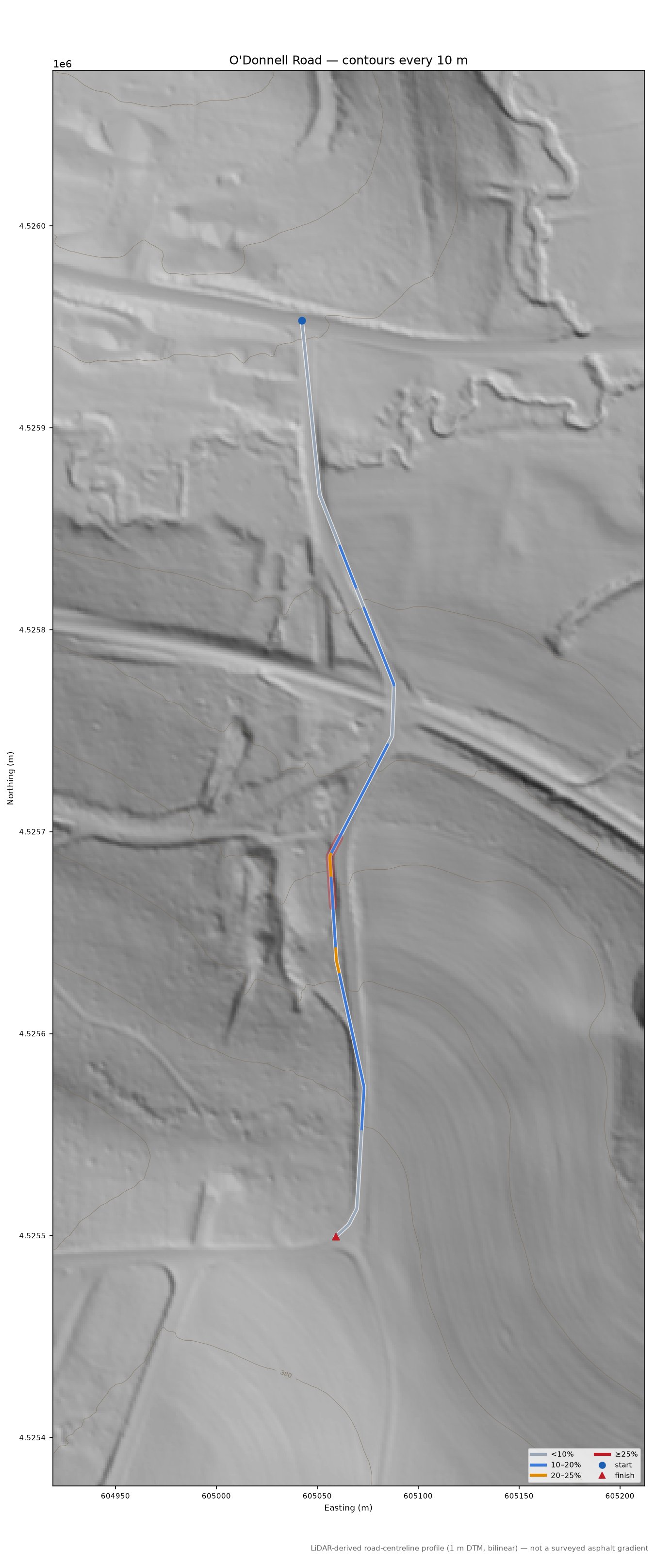 O'Donnell Road LiDAR hillshade map with contours