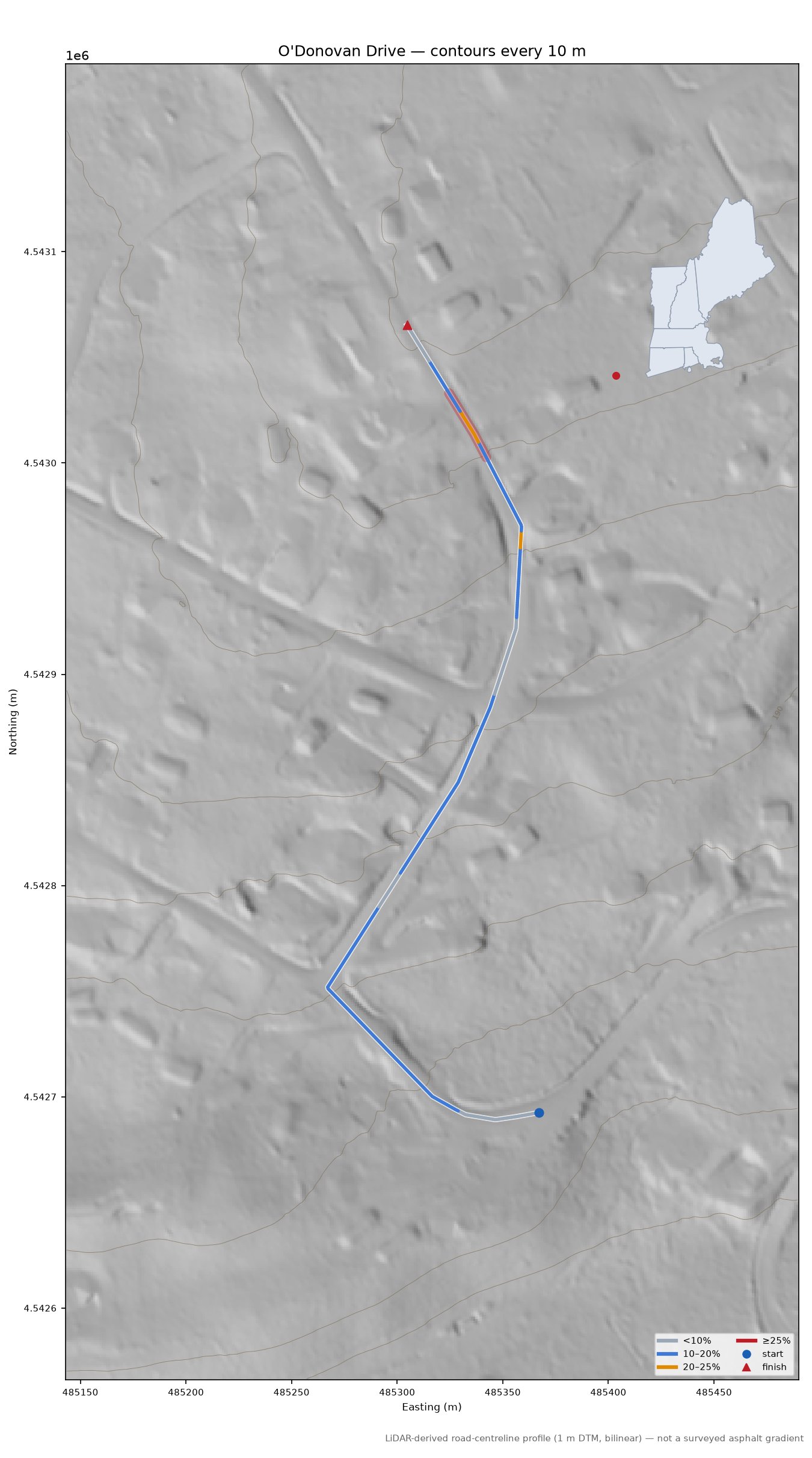 O'Donovan Drive LiDAR hillshade map with contours