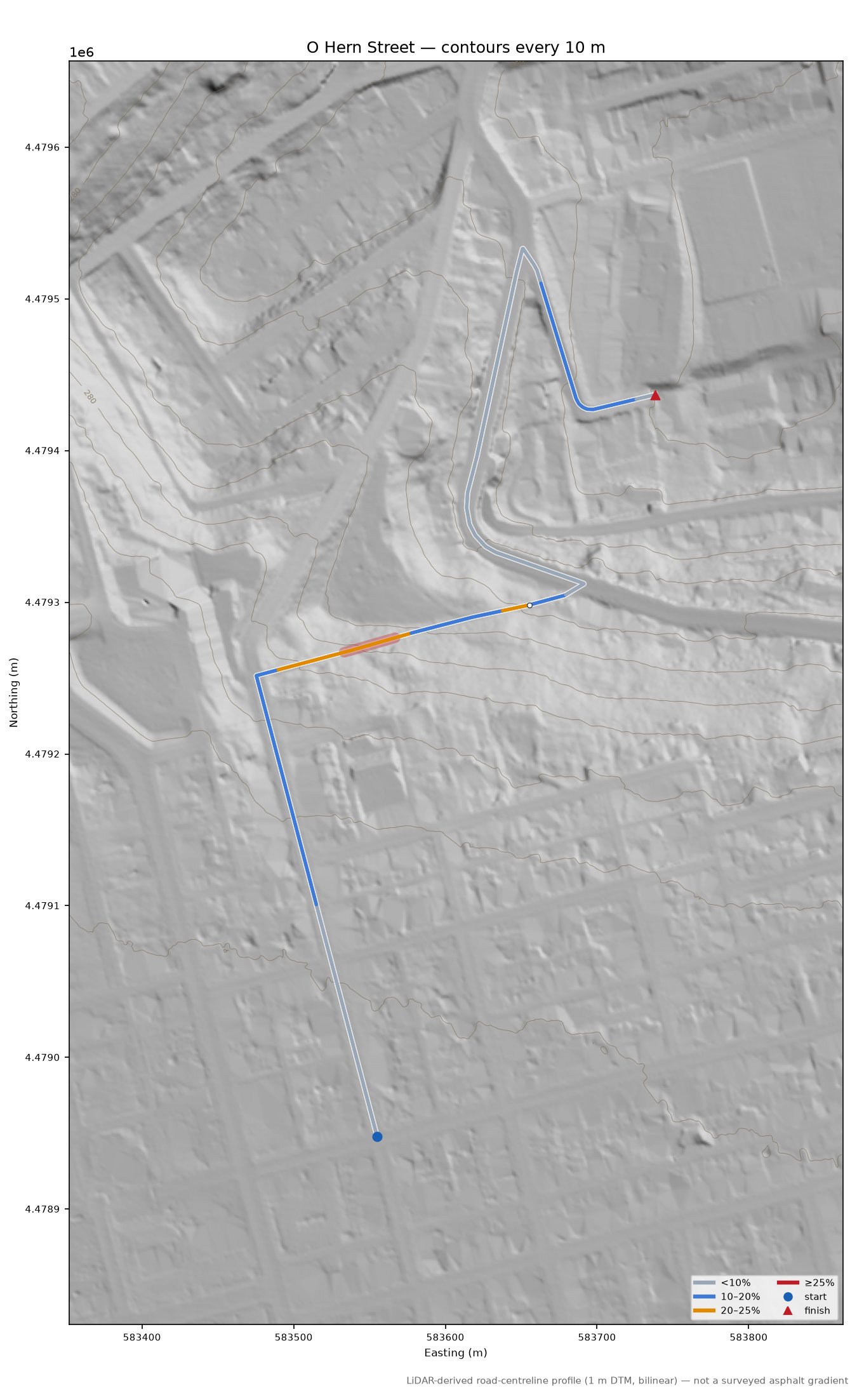 O Hern Street LiDAR hillshade map with contours