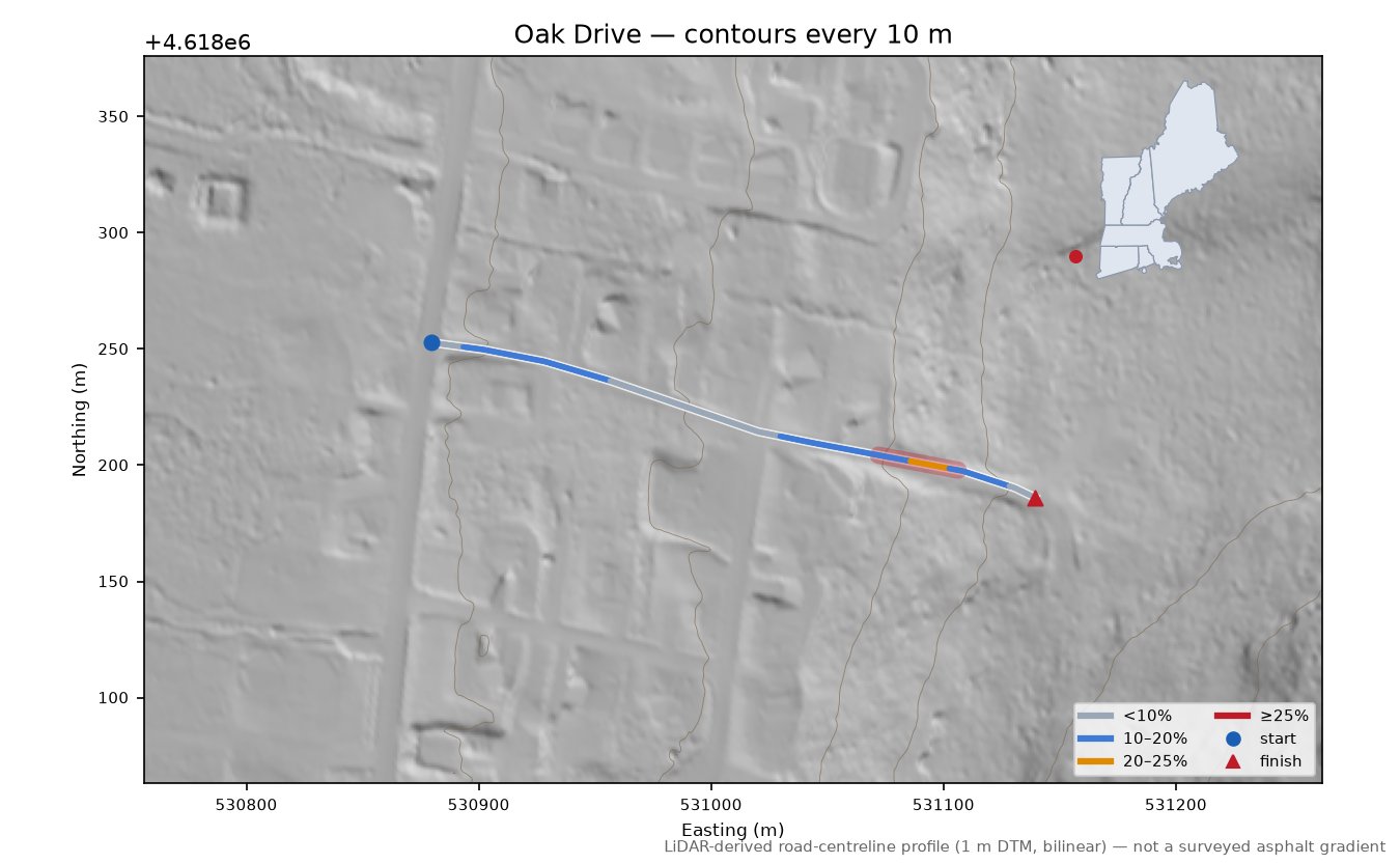 Oak Drive LiDAR hillshade map with contours
