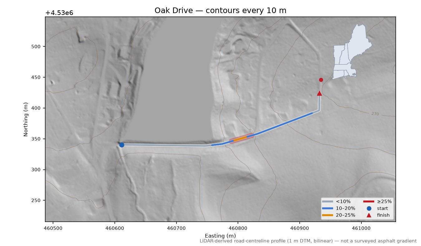 Oak Drive LiDAR hillshade map with contours
