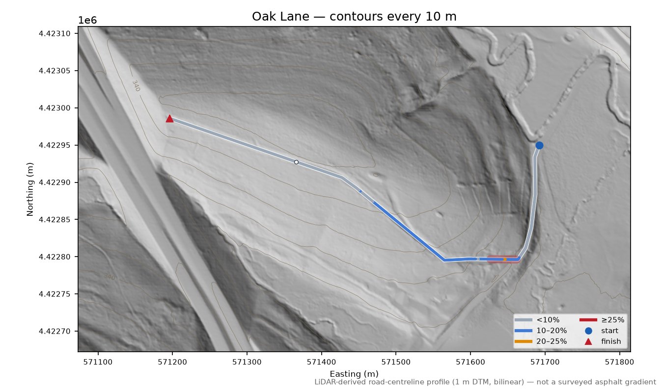 Oak Lane LiDAR hillshade map with contours