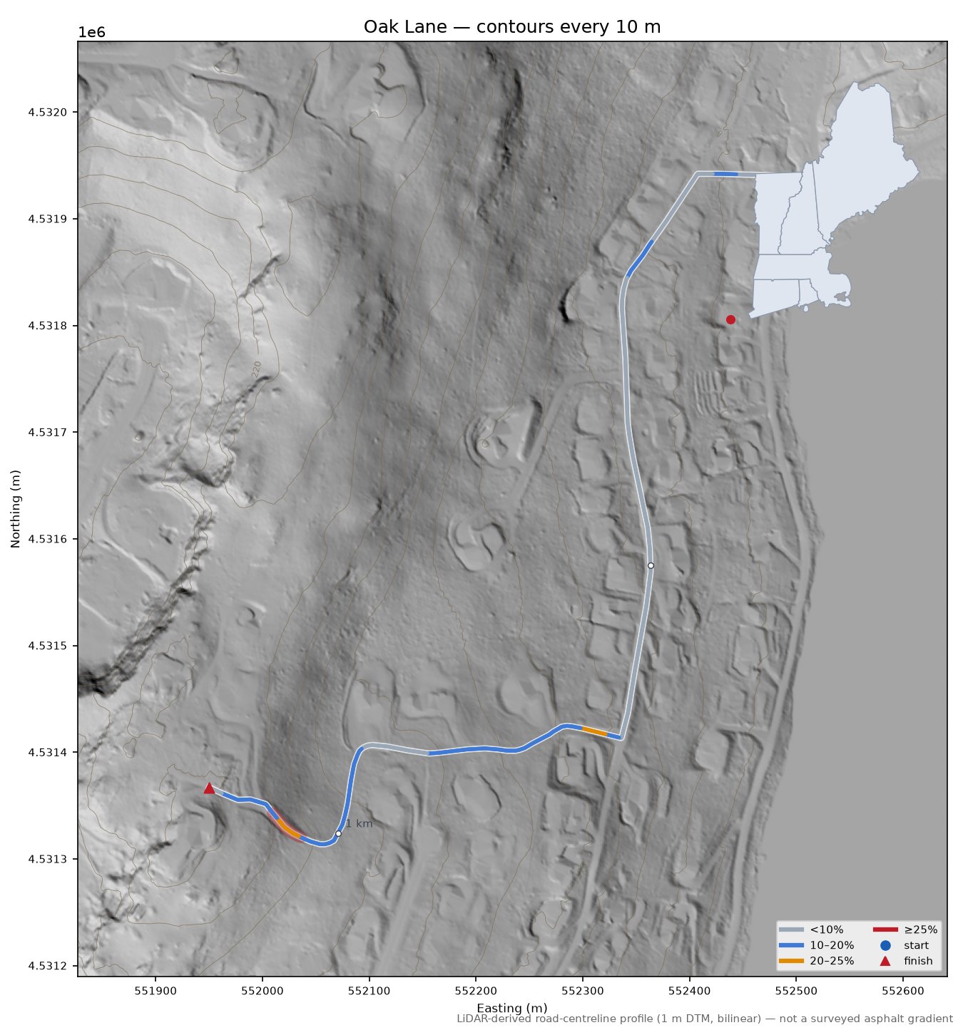 Oak Lane LiDAR hillshade map with contours