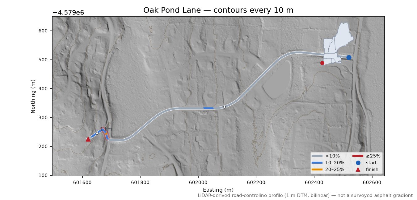 Oak Pond Lane LiDAR hillshade map with contours