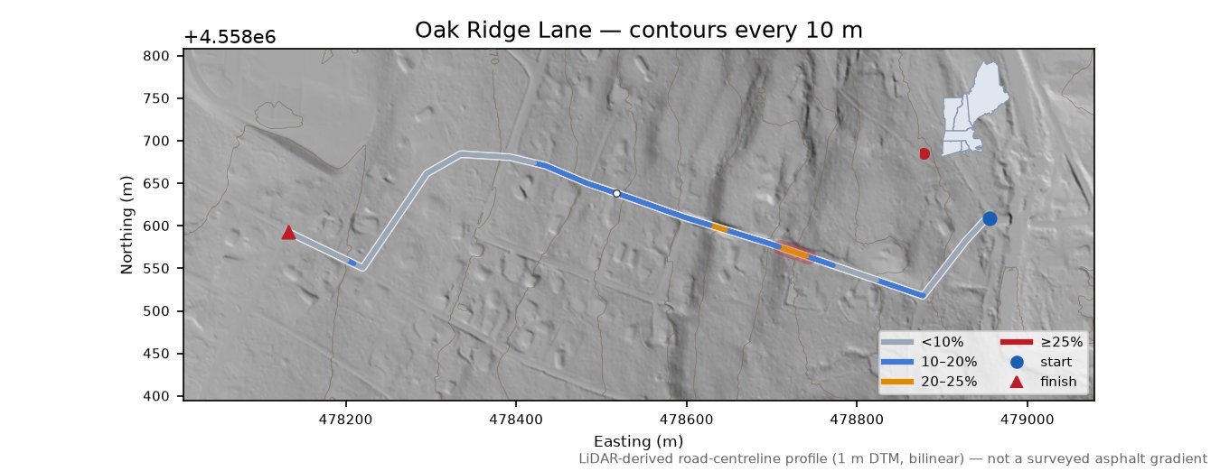 Oak Ridge Lane LiDAR hillshade map with contours