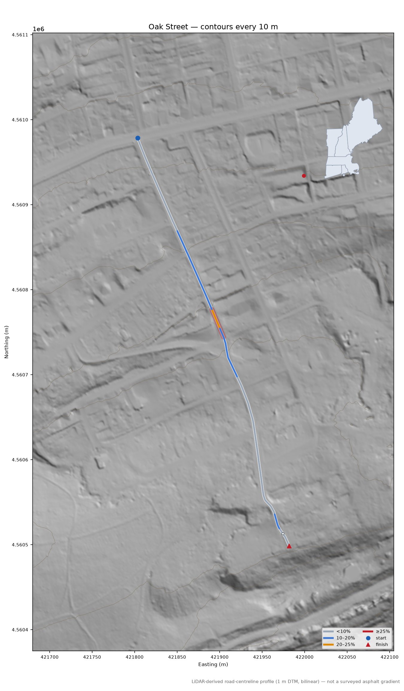 Oak Street LiDAR hillshade map with contours