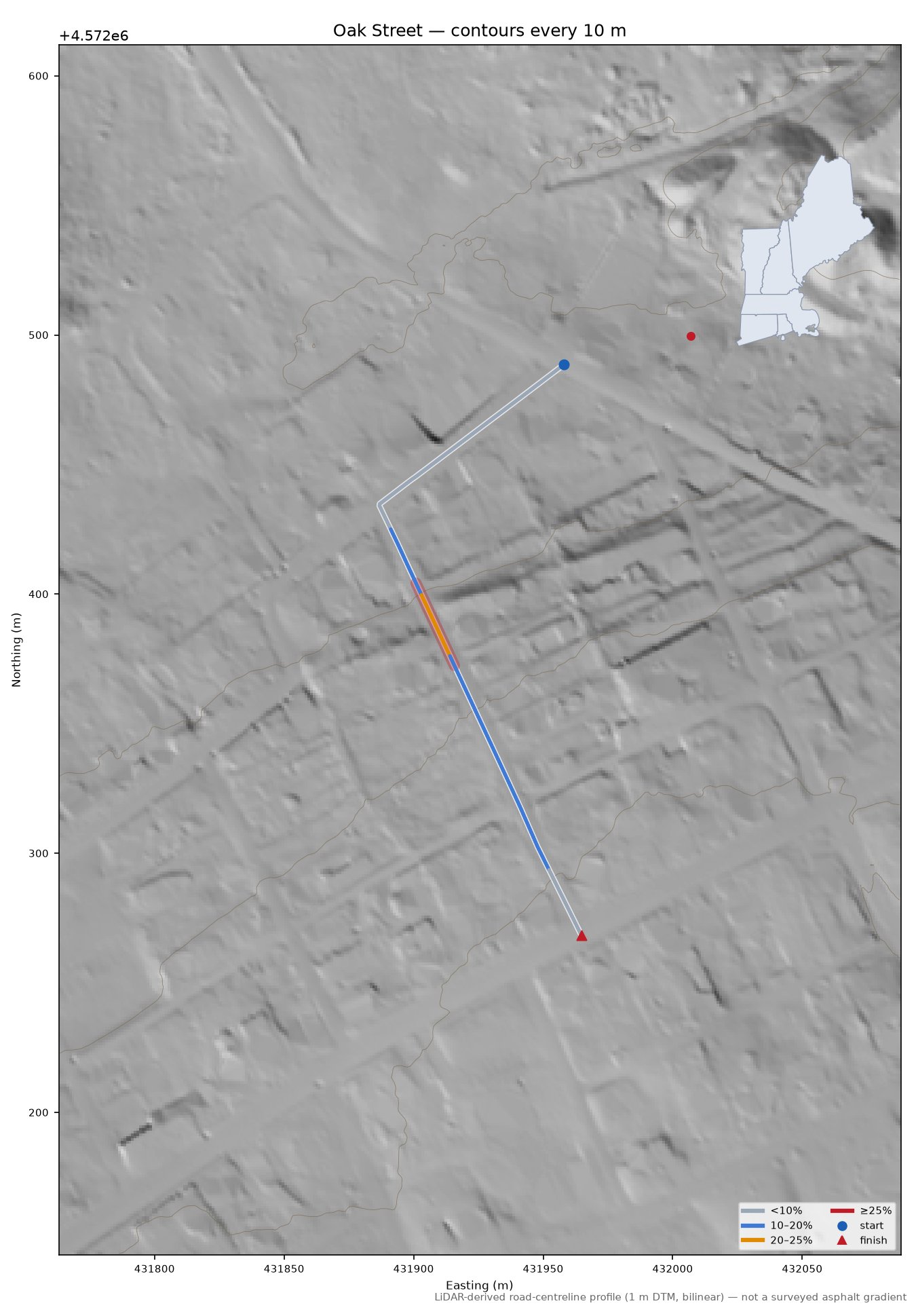 Oak Street LiDAR hillshade map with contours