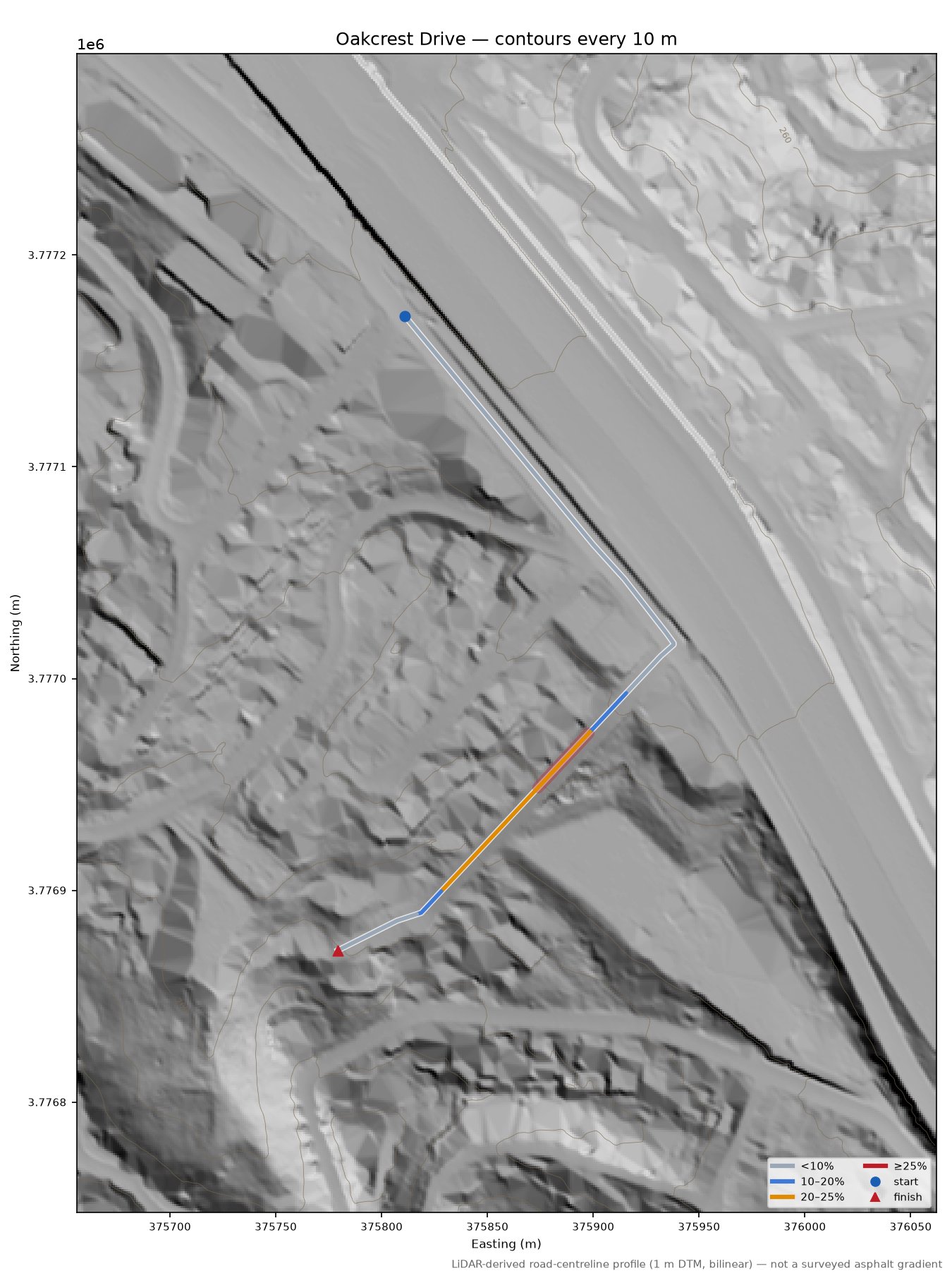Oakcrest Drive LiDAR hillshade map with contours
