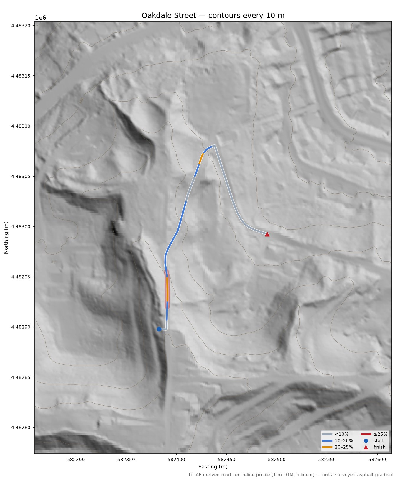 Oakdale Street LiDAR hillshade map with contours