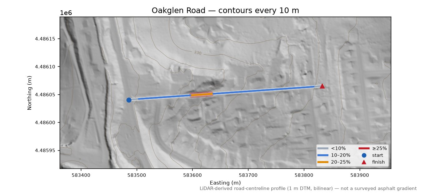 Oakglen Road LiDAR hillshade map with contours
