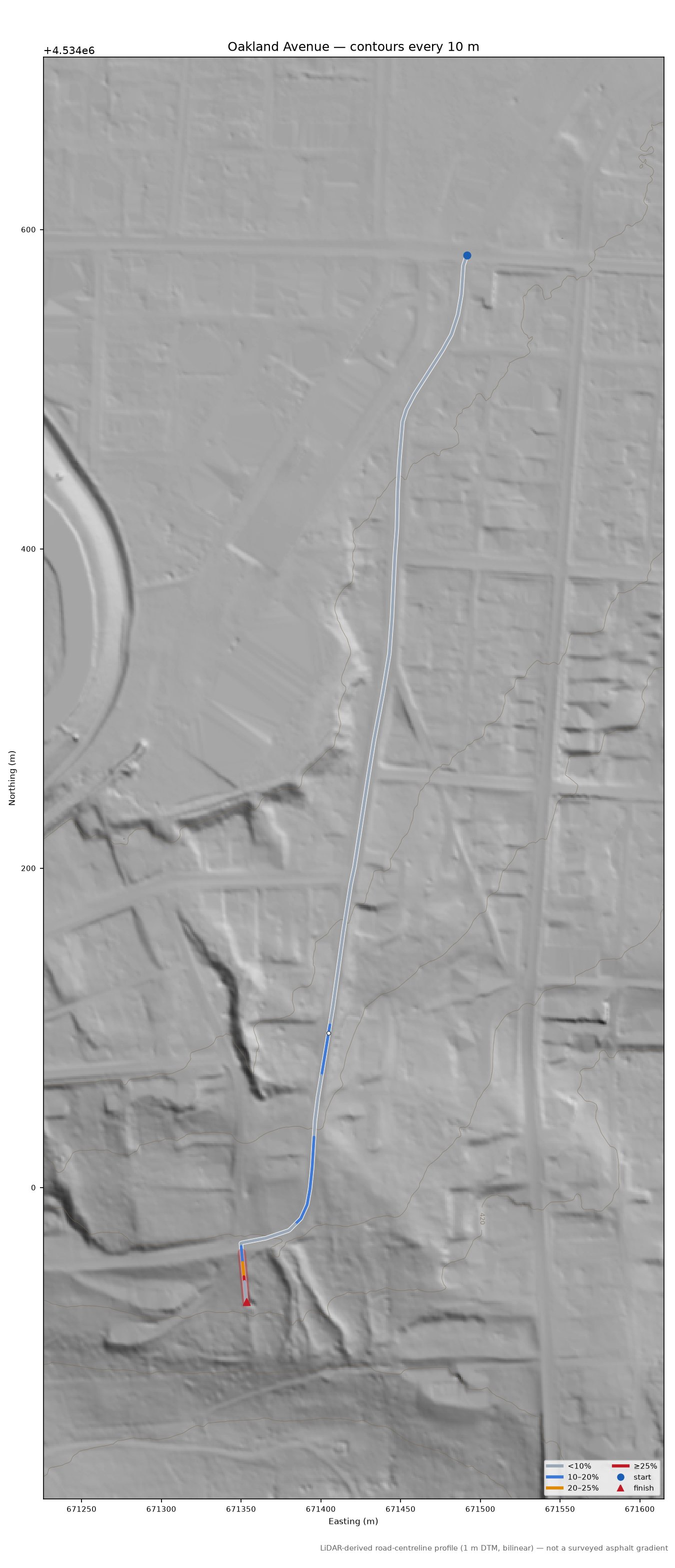 Oakland Avenue LiDAR hillshade map with contours