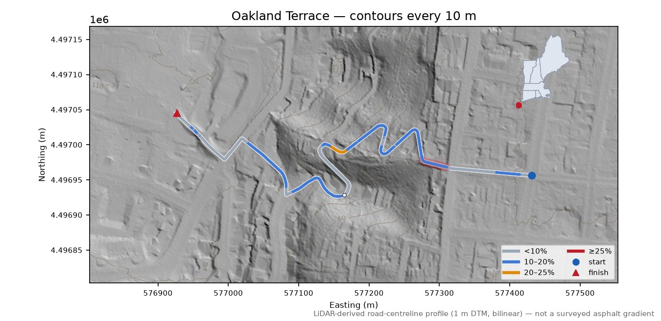 Oakland Terrace LiDAR hillshade map with contours