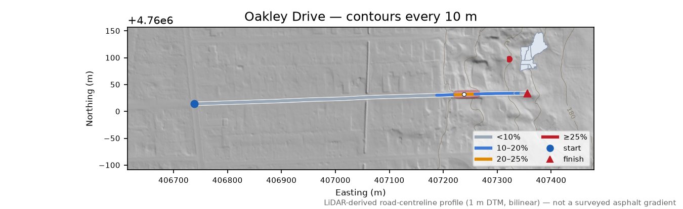 Oakley Drive LiDAR hillshade map with contours