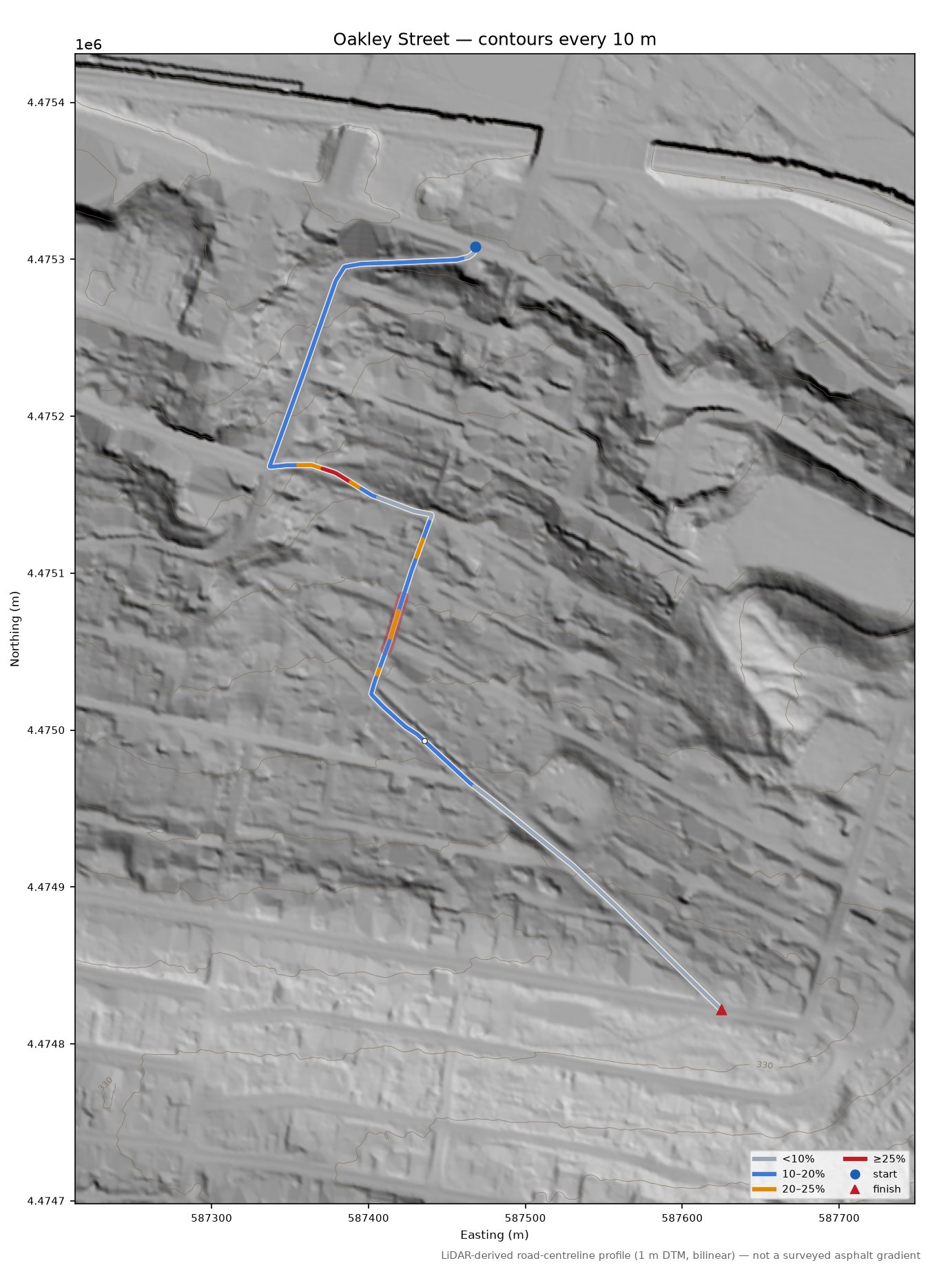 Oakley Street LiDAR hillshade map with contours