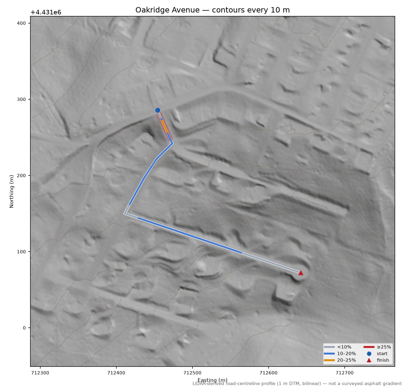 Oakridge Avenue LiDAR hillshade map with contours