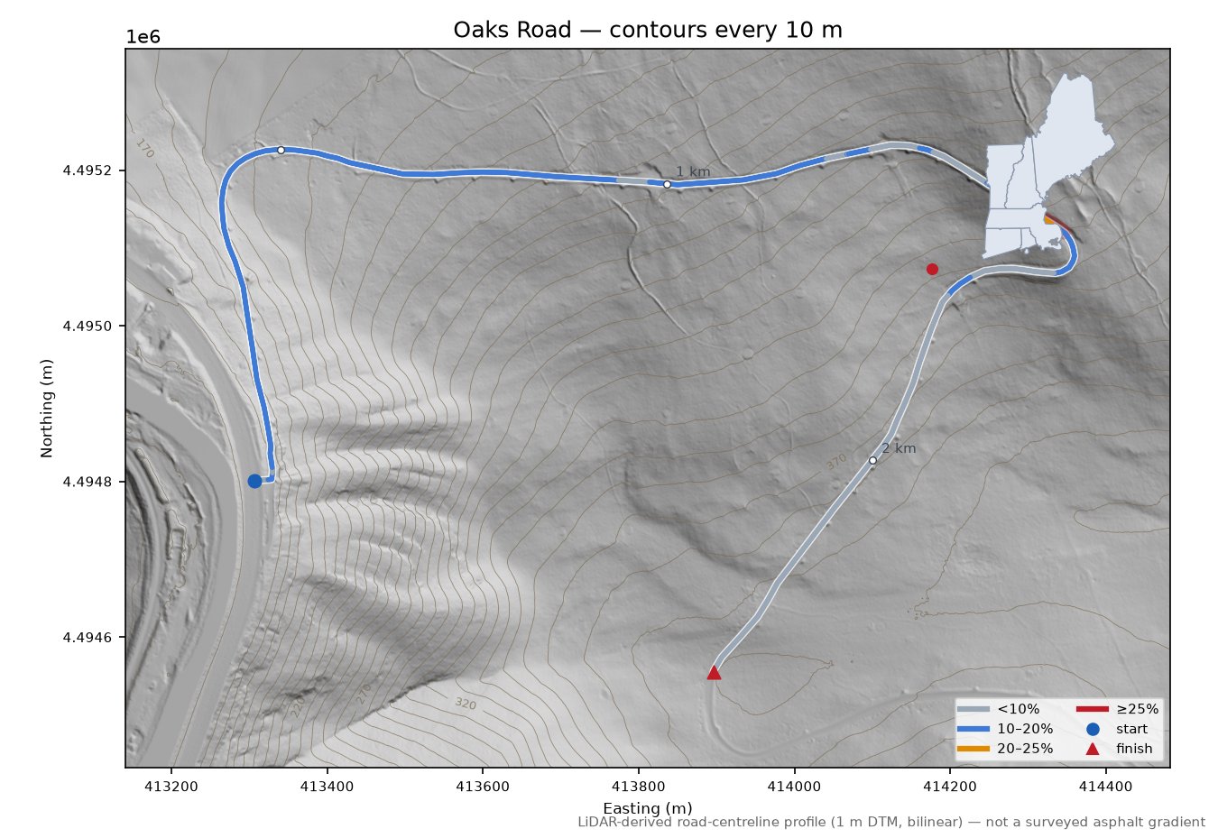 Oaks Road LiDAR hillshade map with contours