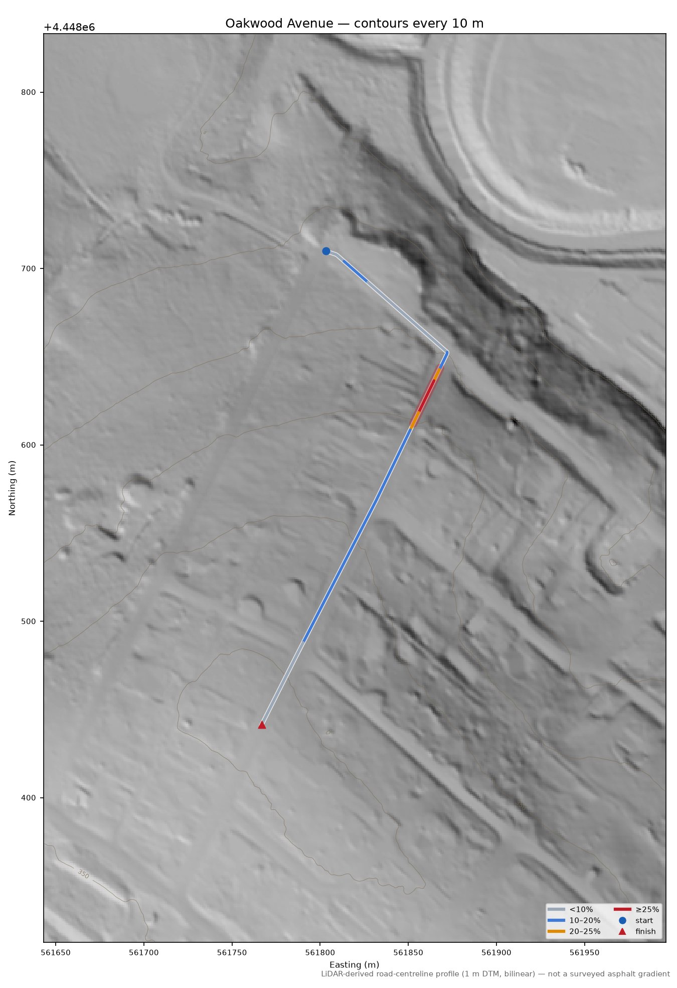 Oakwood Avenue LiDAR hillshade map with contours