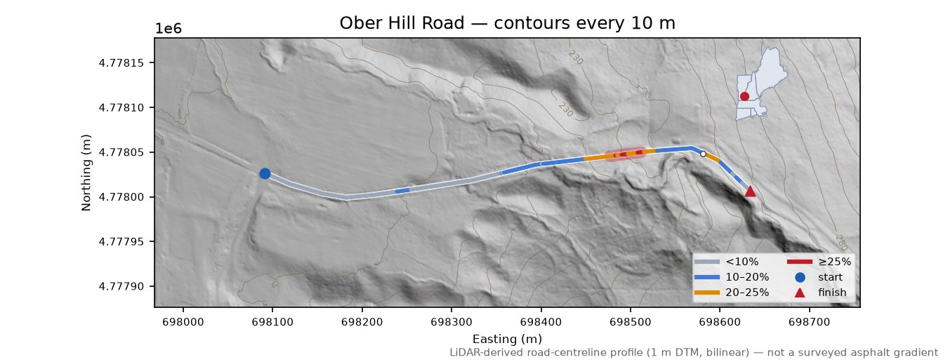 Ober Hill Road LiDAR hillshade map with contours