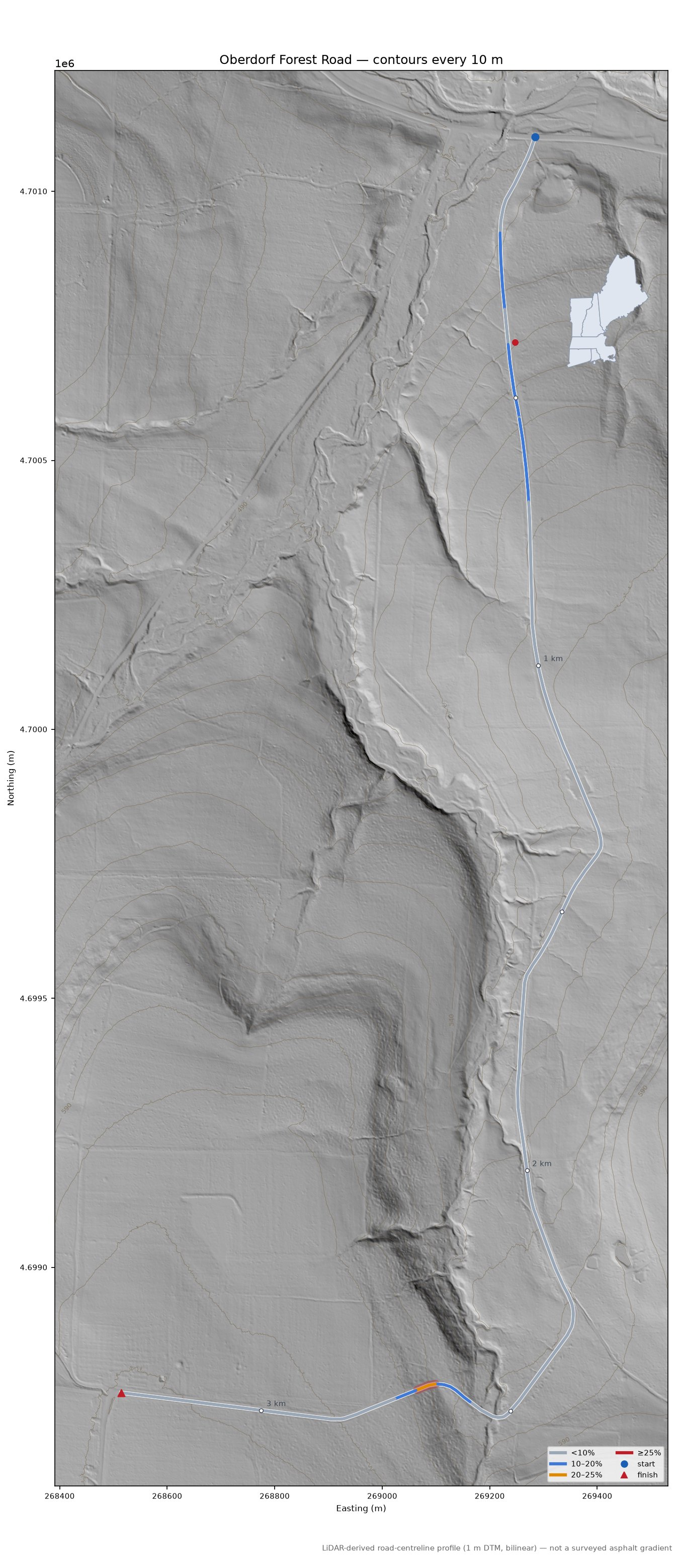Oberdorf Forest Road LiDAR hillshade map with contours