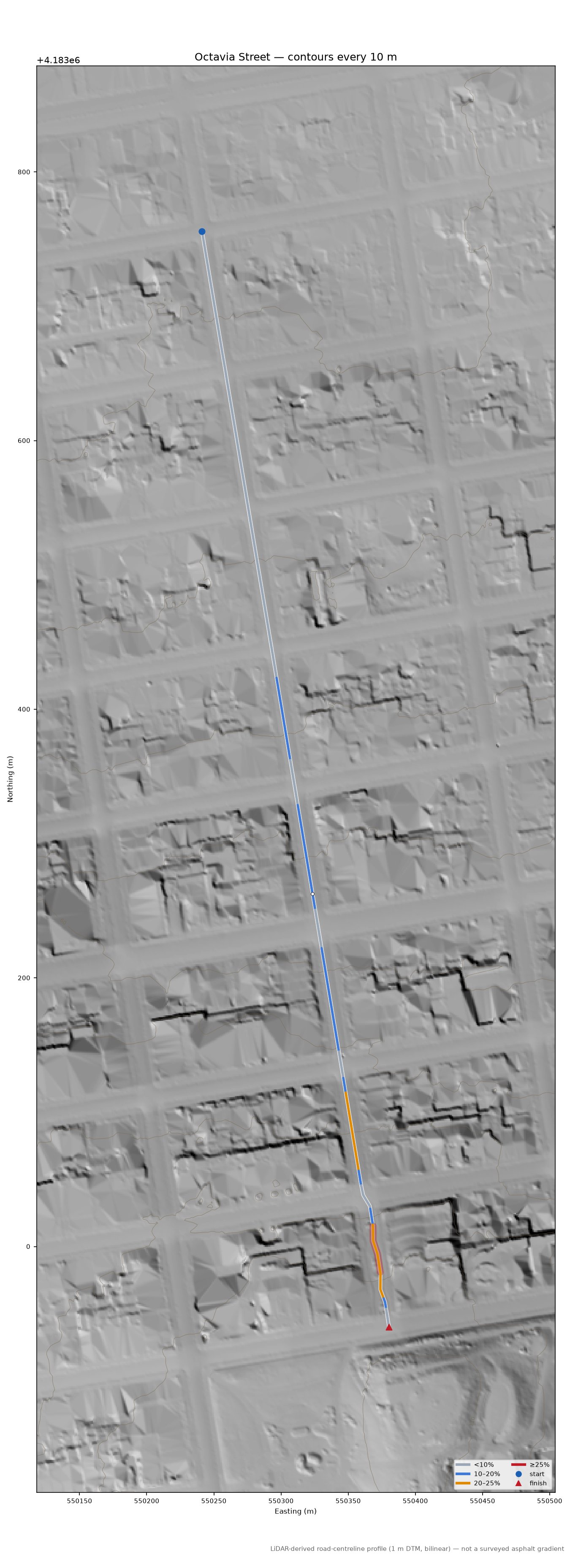 Octavia Street LiDAR hillshade map with contours