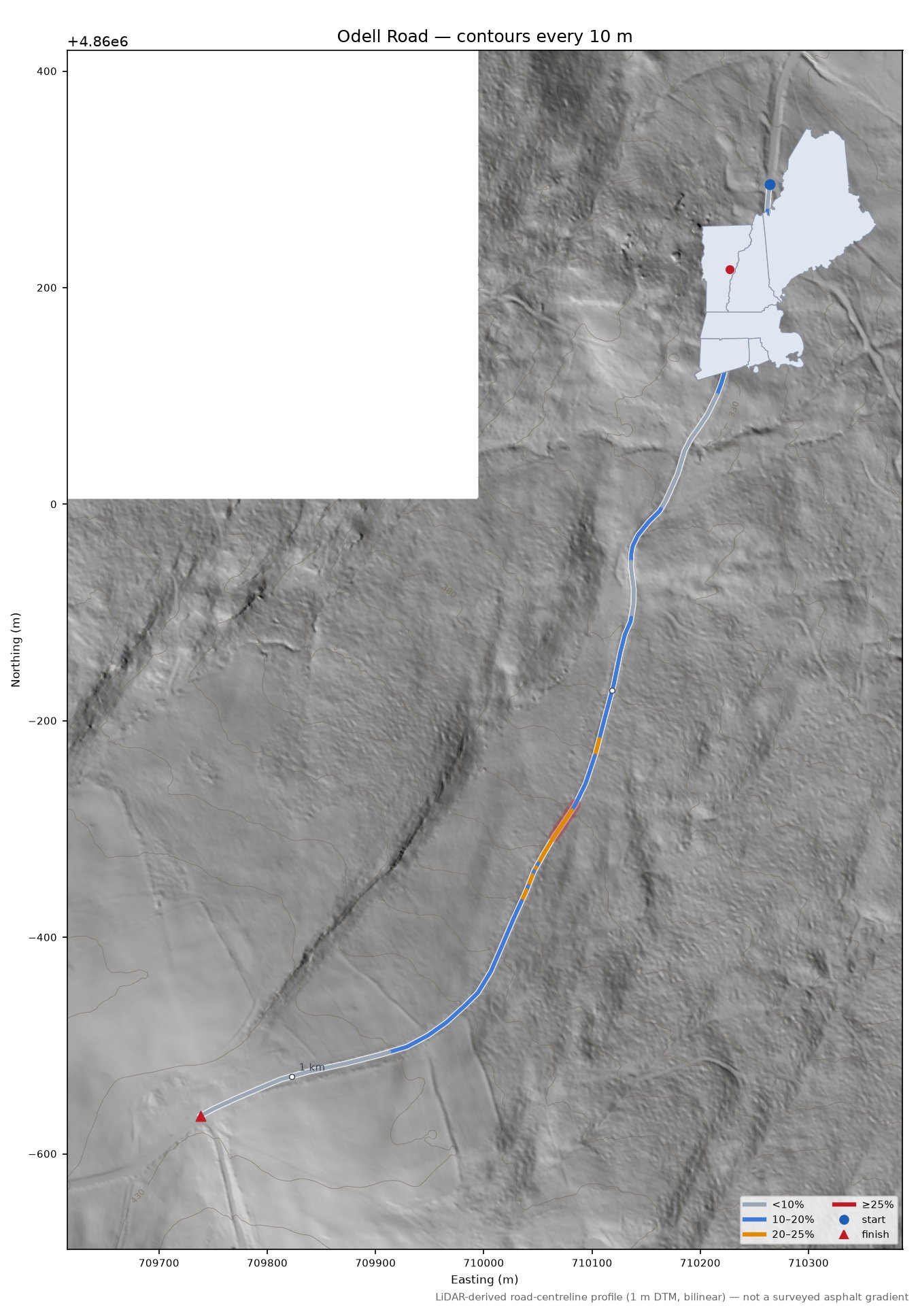 Odell Road LiDAR hillshade map with contours