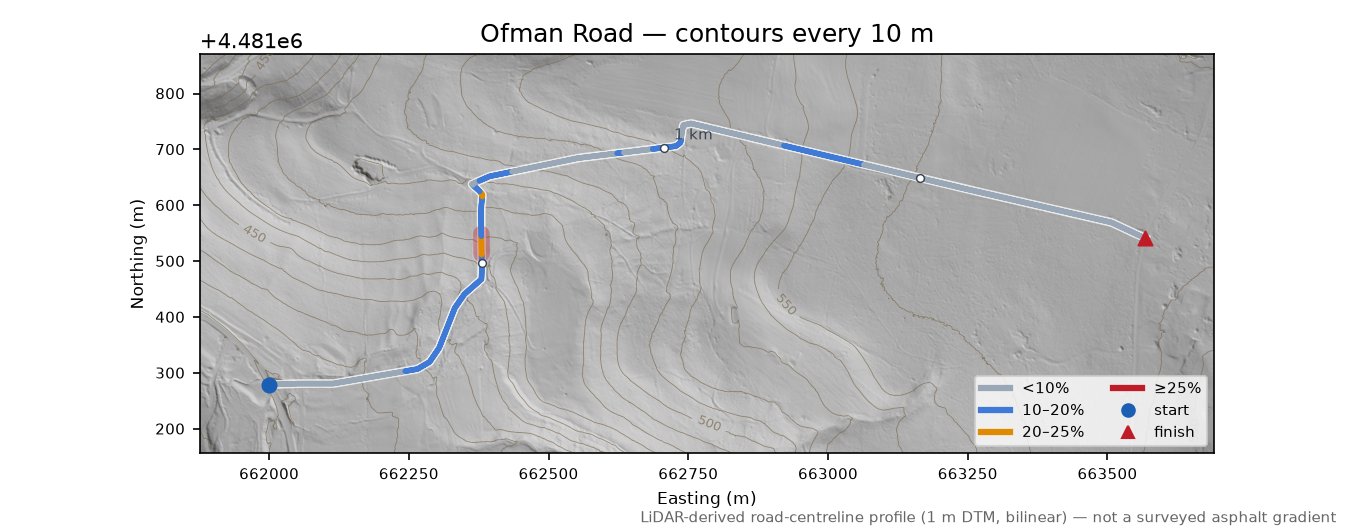 Ofman Road LiDAR hillshade map with contours