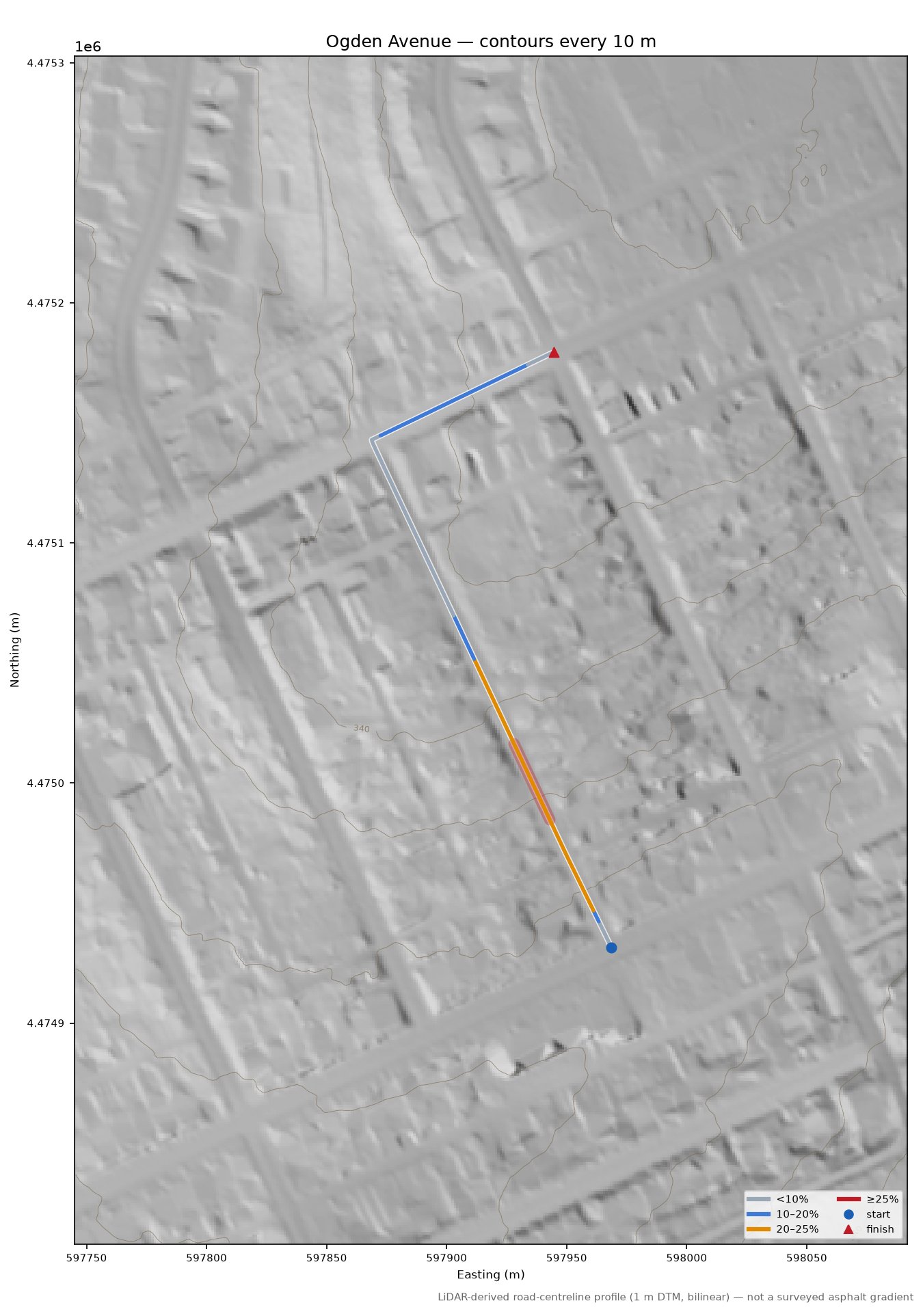 Ogden Avenue LiDAR hillshade map with contours