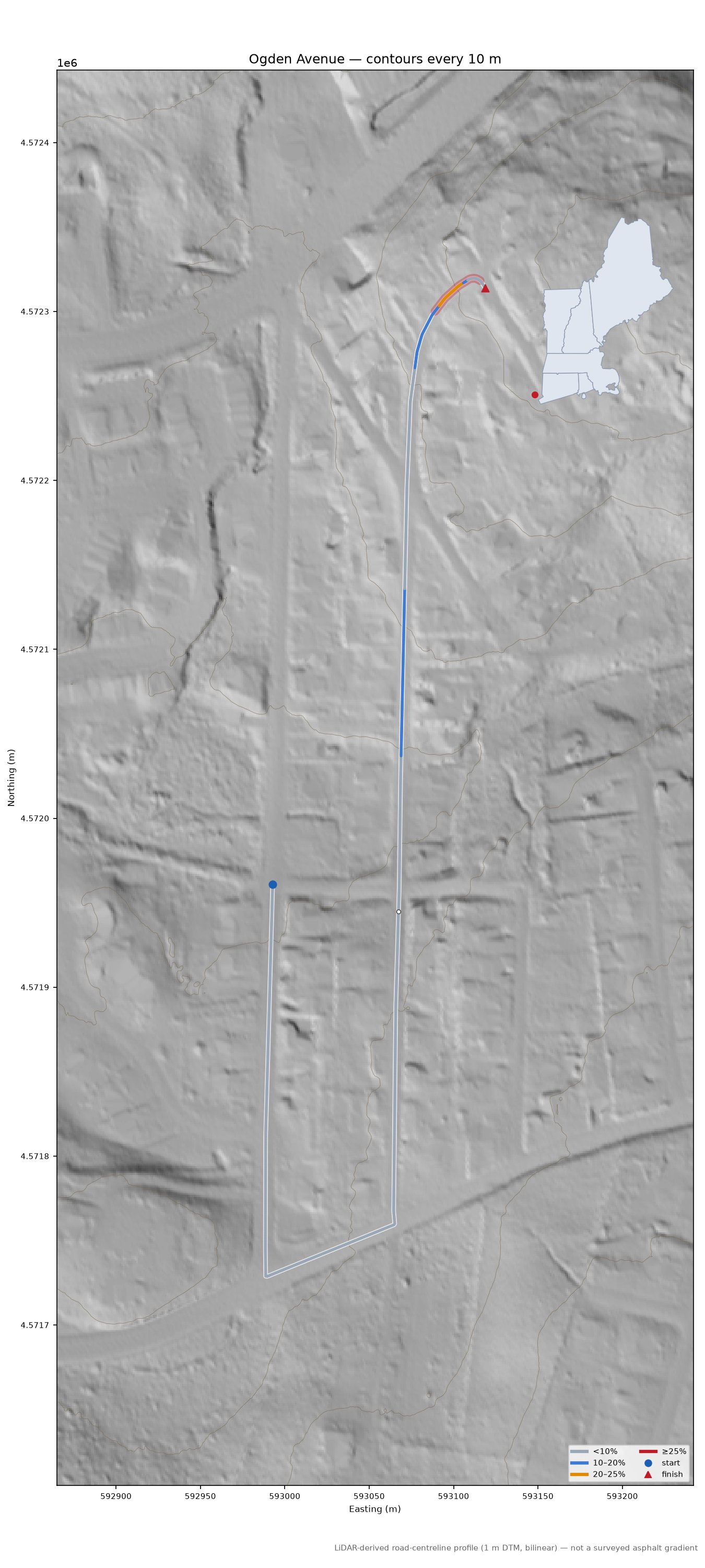 Ogden Avenue LiDAR hillshade map with contours