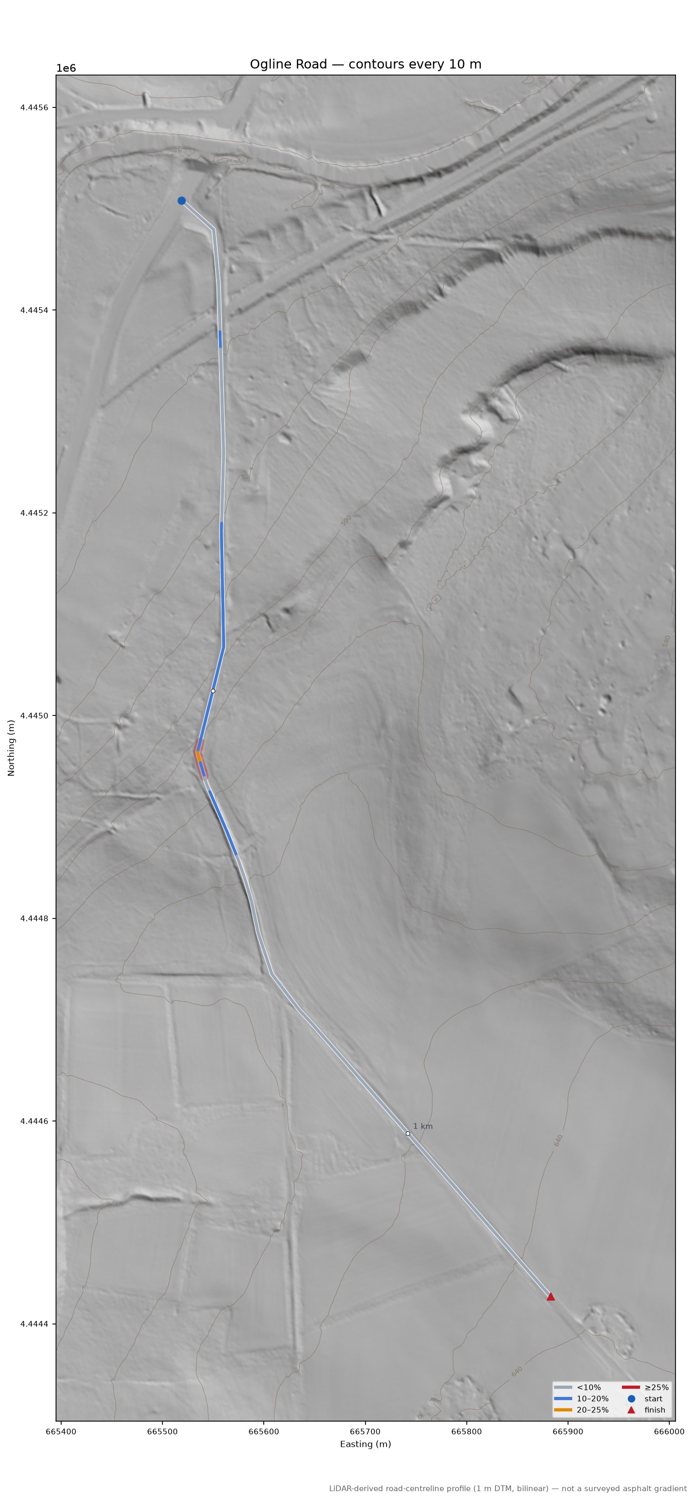 Ogline Road LiDAR hillshade map with contours