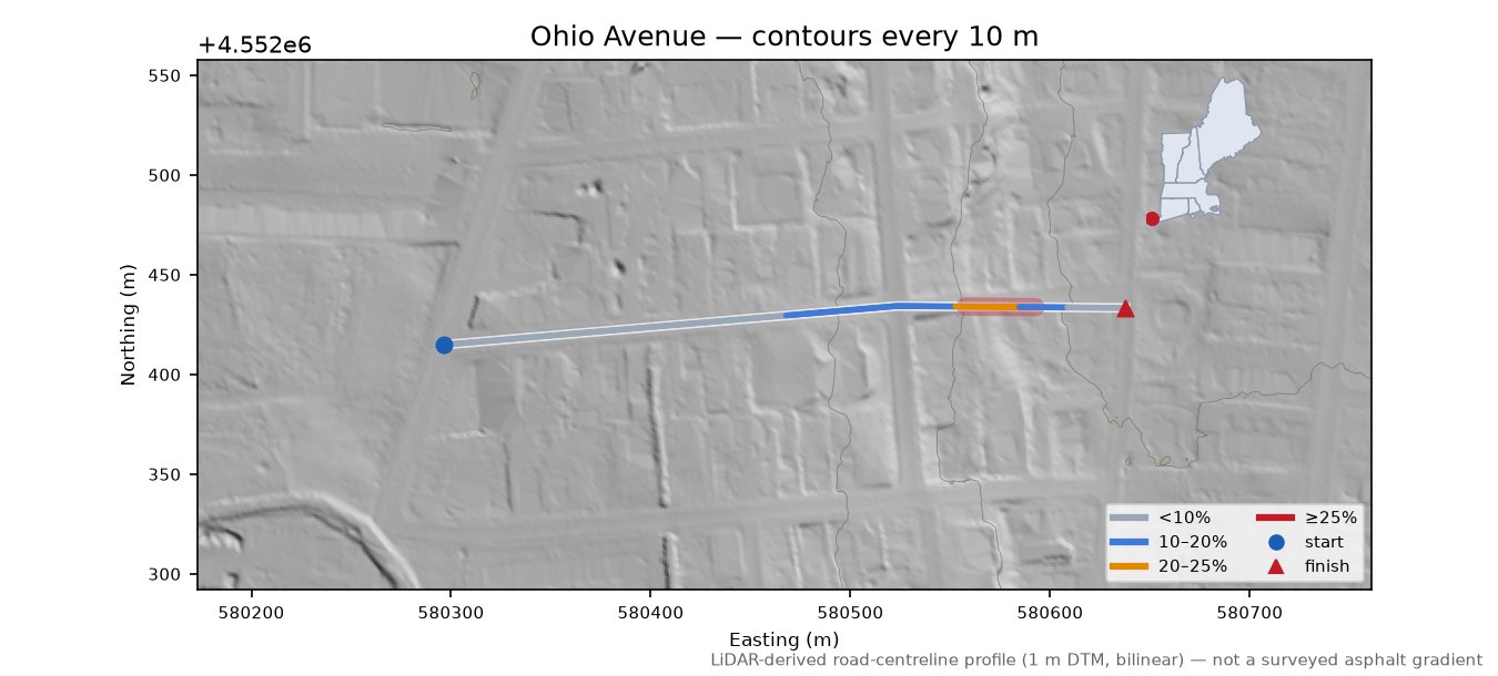 Ohio Avenue LiDAR hillshade map with contours