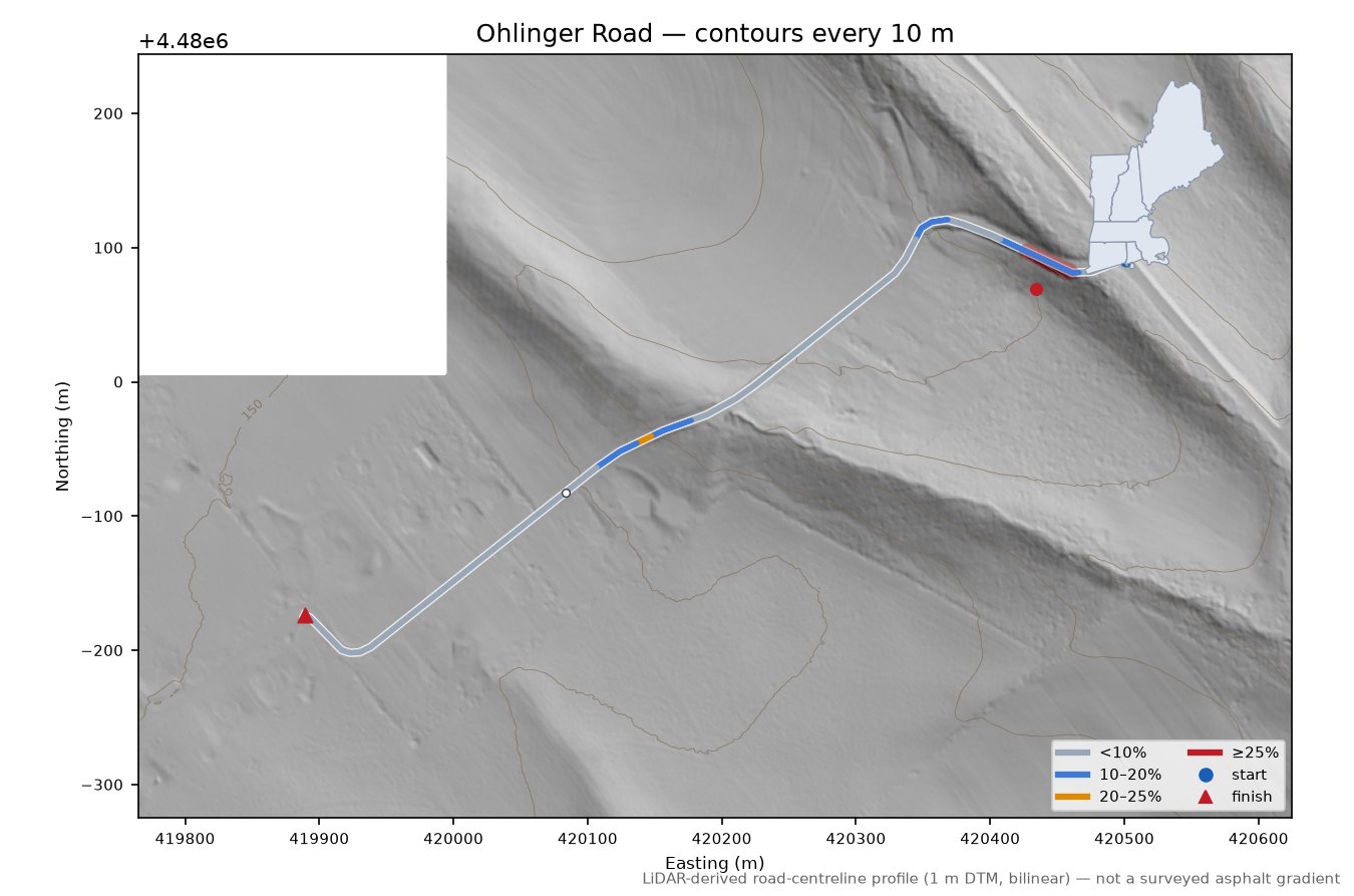 Ohlinger Road LiDAR hillshade map with contours