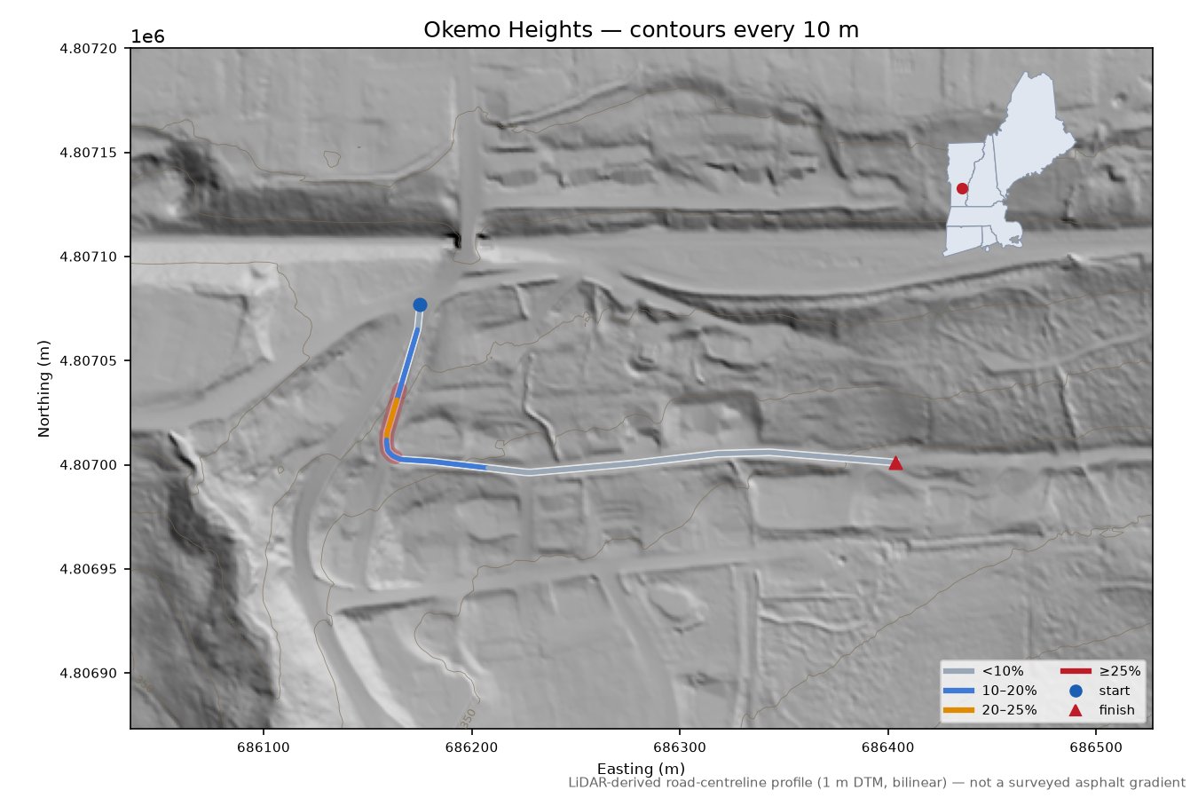 Okemo Heights LiDAR hillshade map with contours
