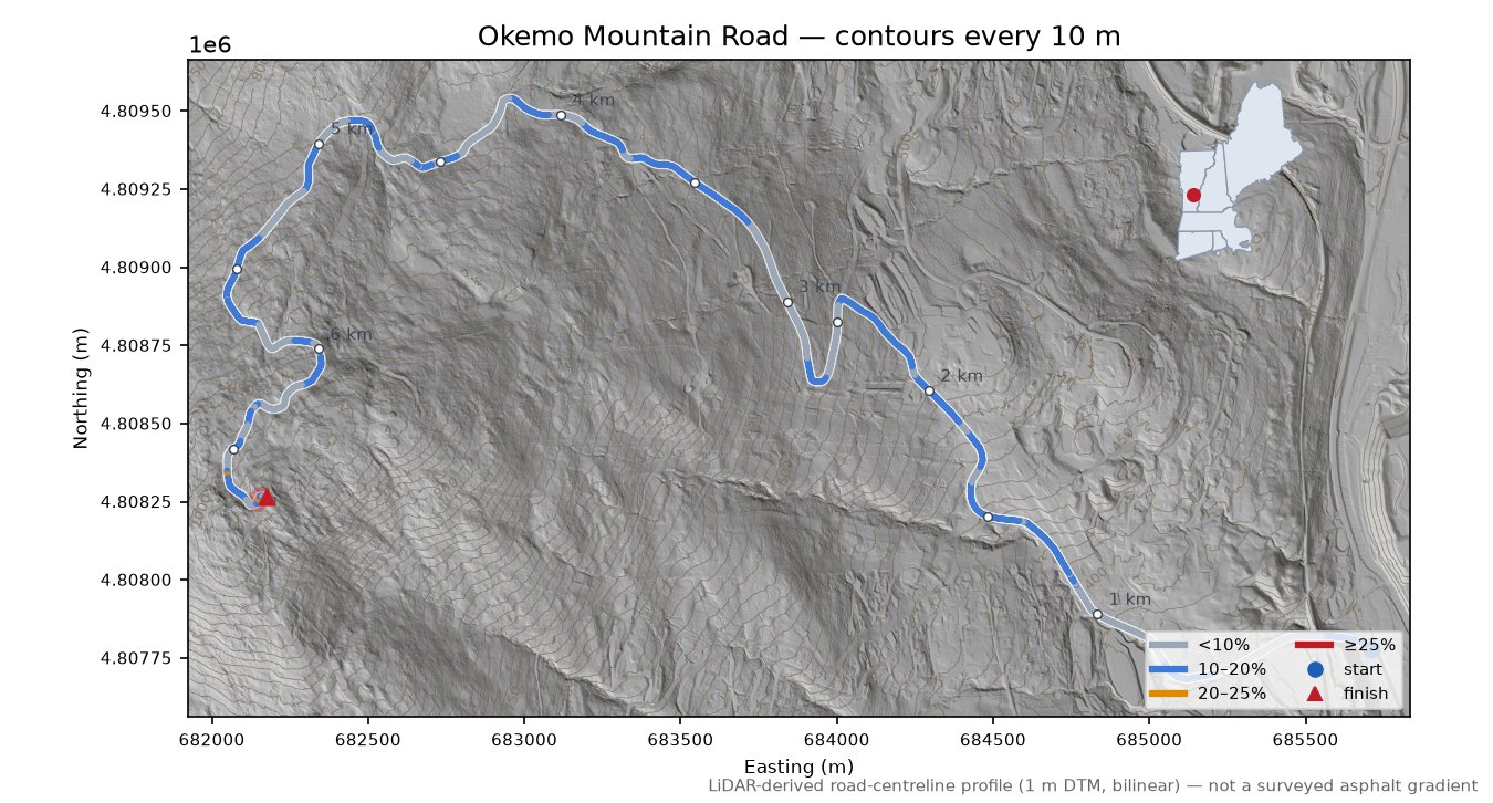 Okemo Mountain Road LiDAR hillshade map with contours