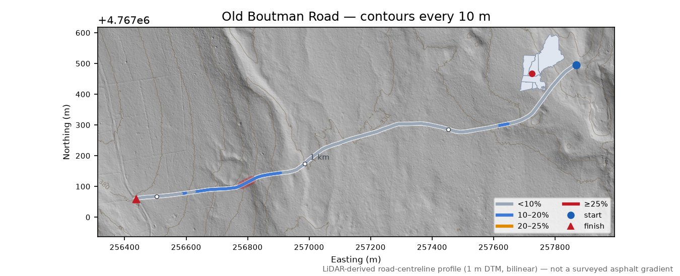 Old Boutman Road LiDAR hillshade map with contours