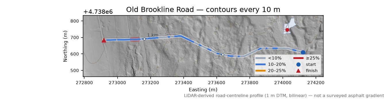 Old Brookline Road LiDAR hillshade map with contours