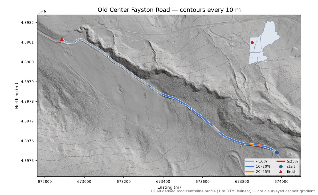 Old Center Fayston Road LiDAR hillshade map with contours