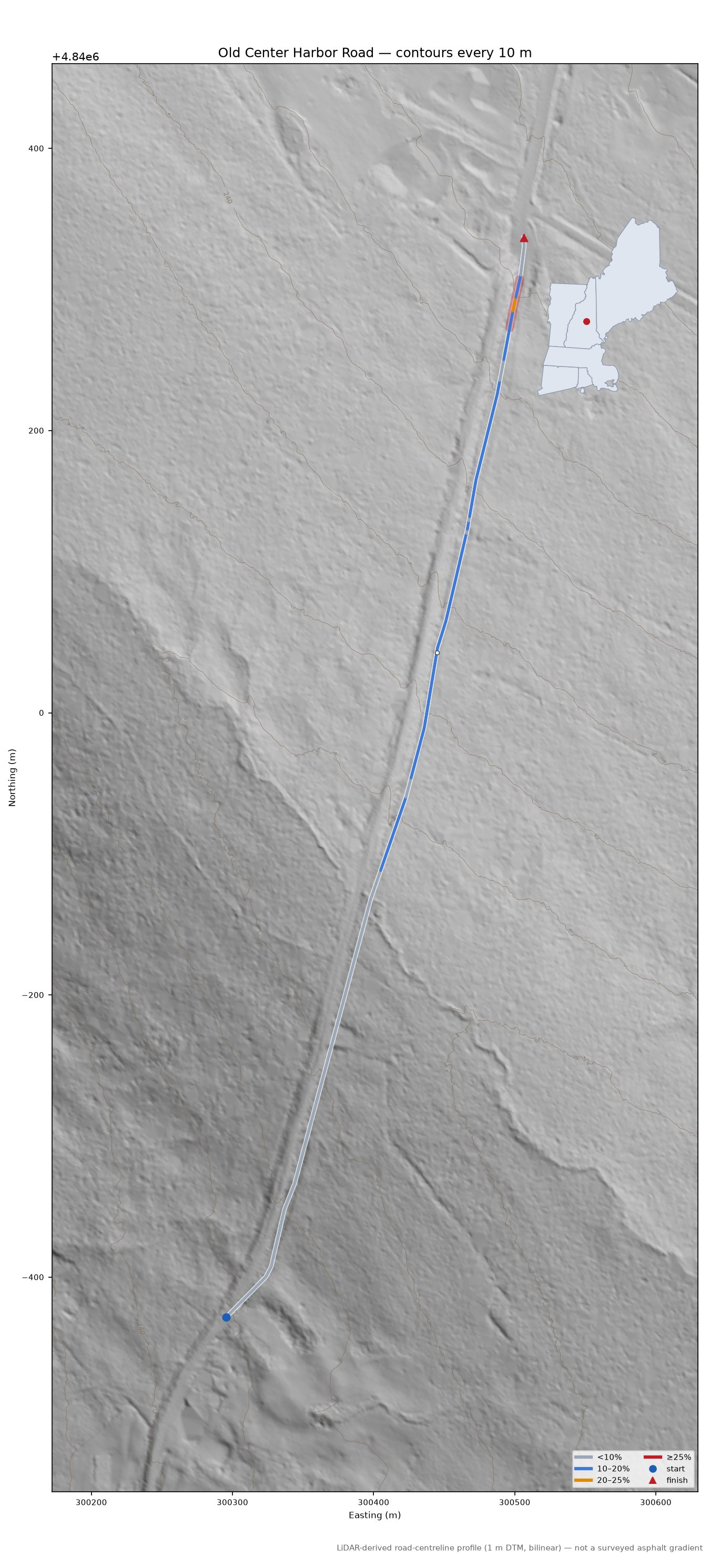 Old Center Harbor Road LiDAR hillshade map with contours