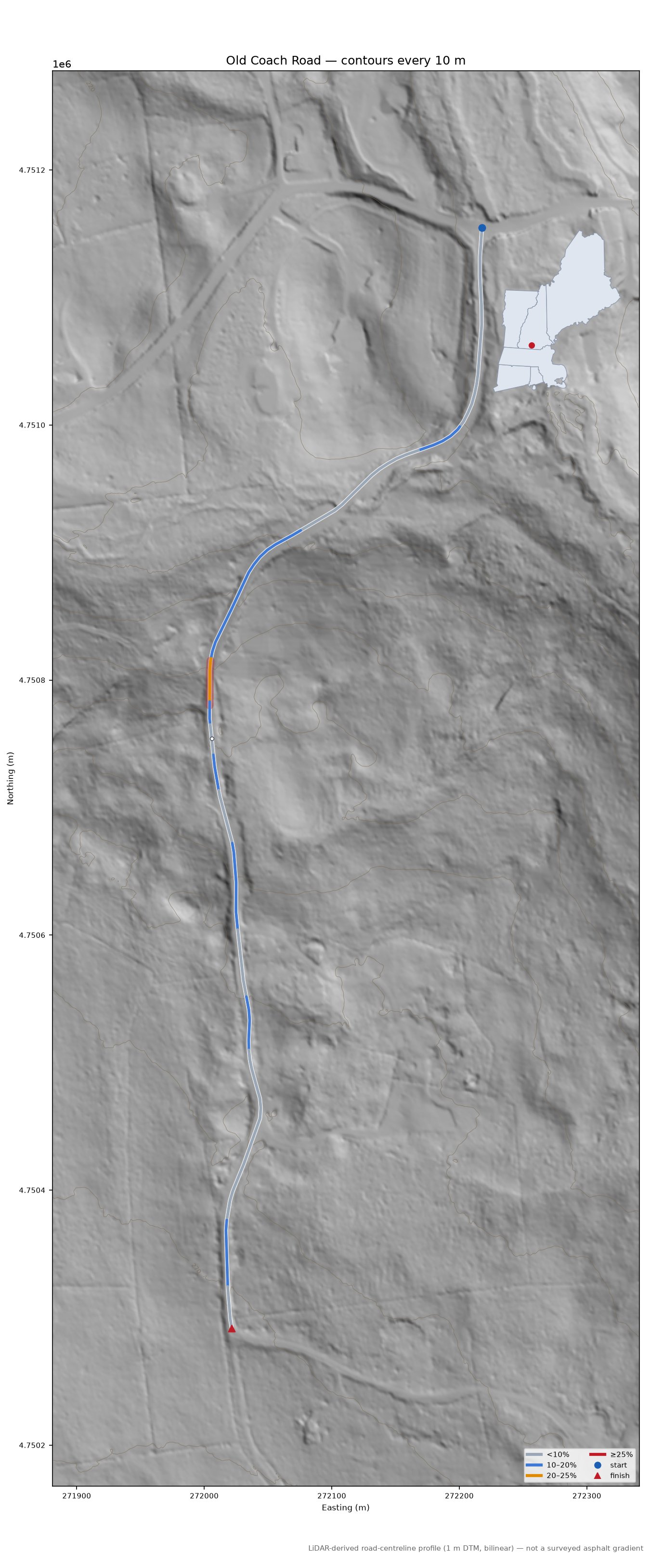 Old Coach Road LiDAR hillshade map with contours