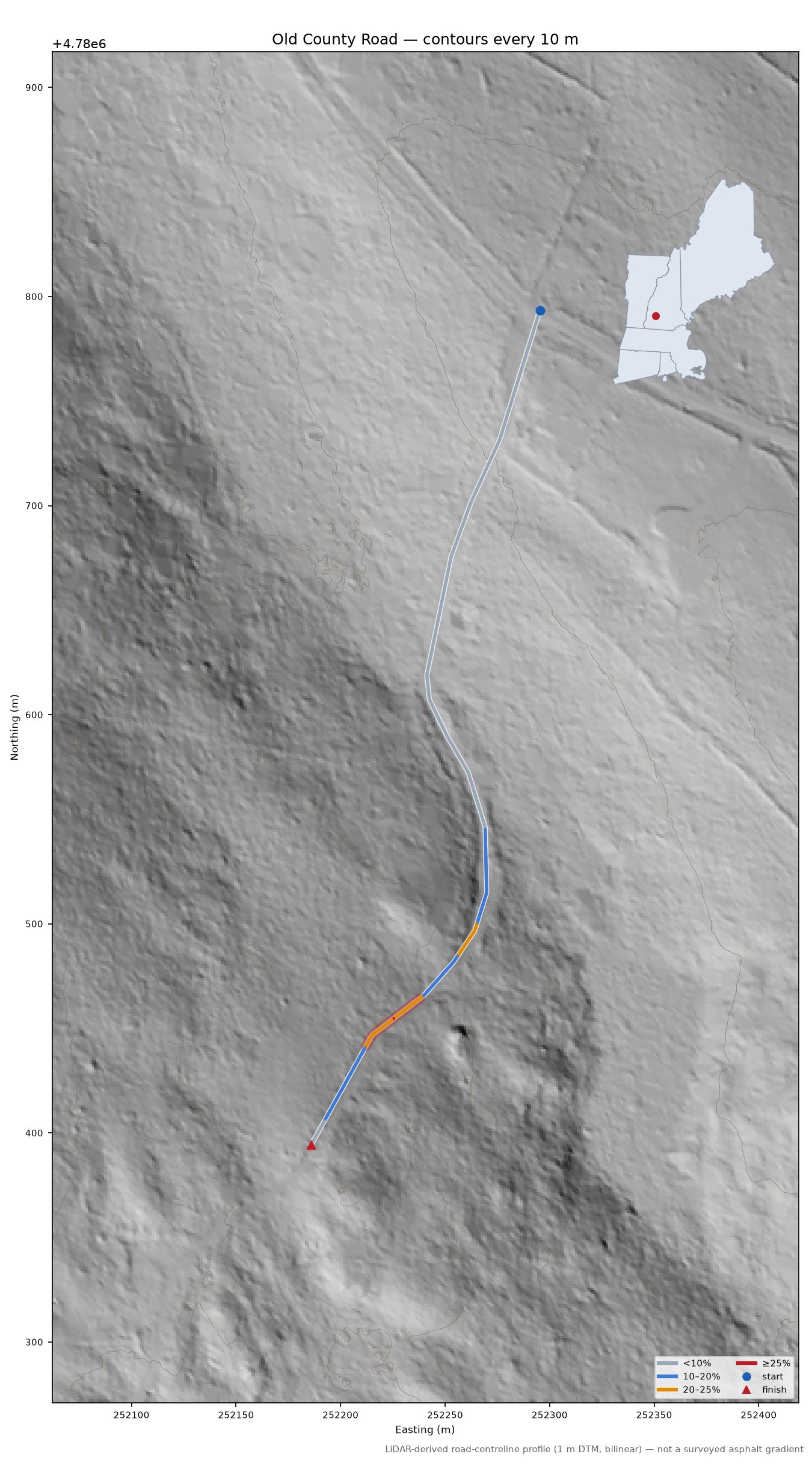 Old County Road LiDAR hillshade map with contours