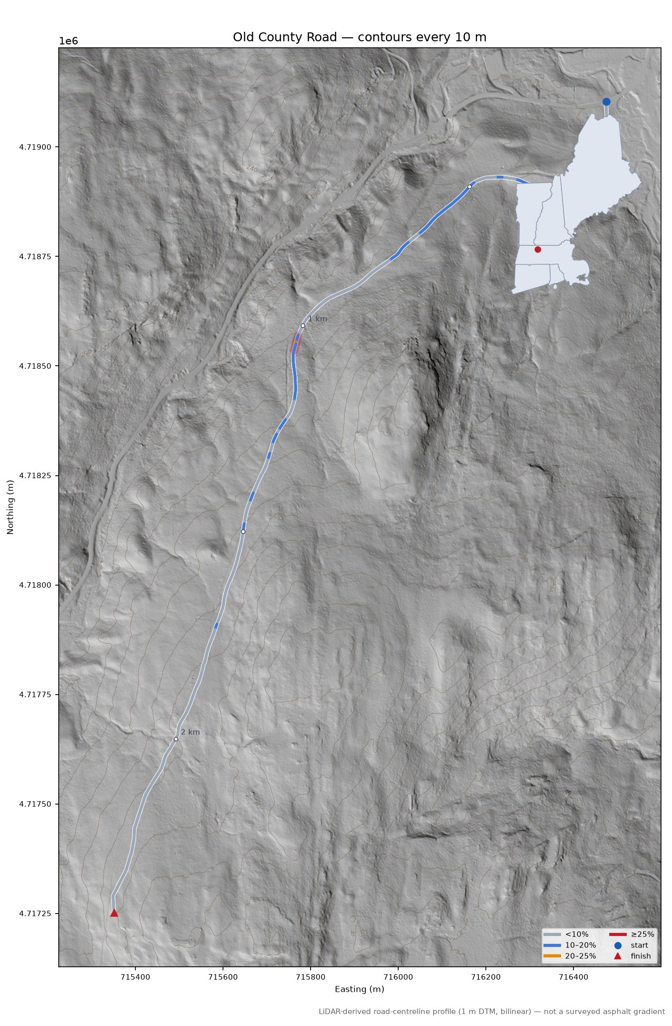 Old County Road LiDAR hillshade map with contours