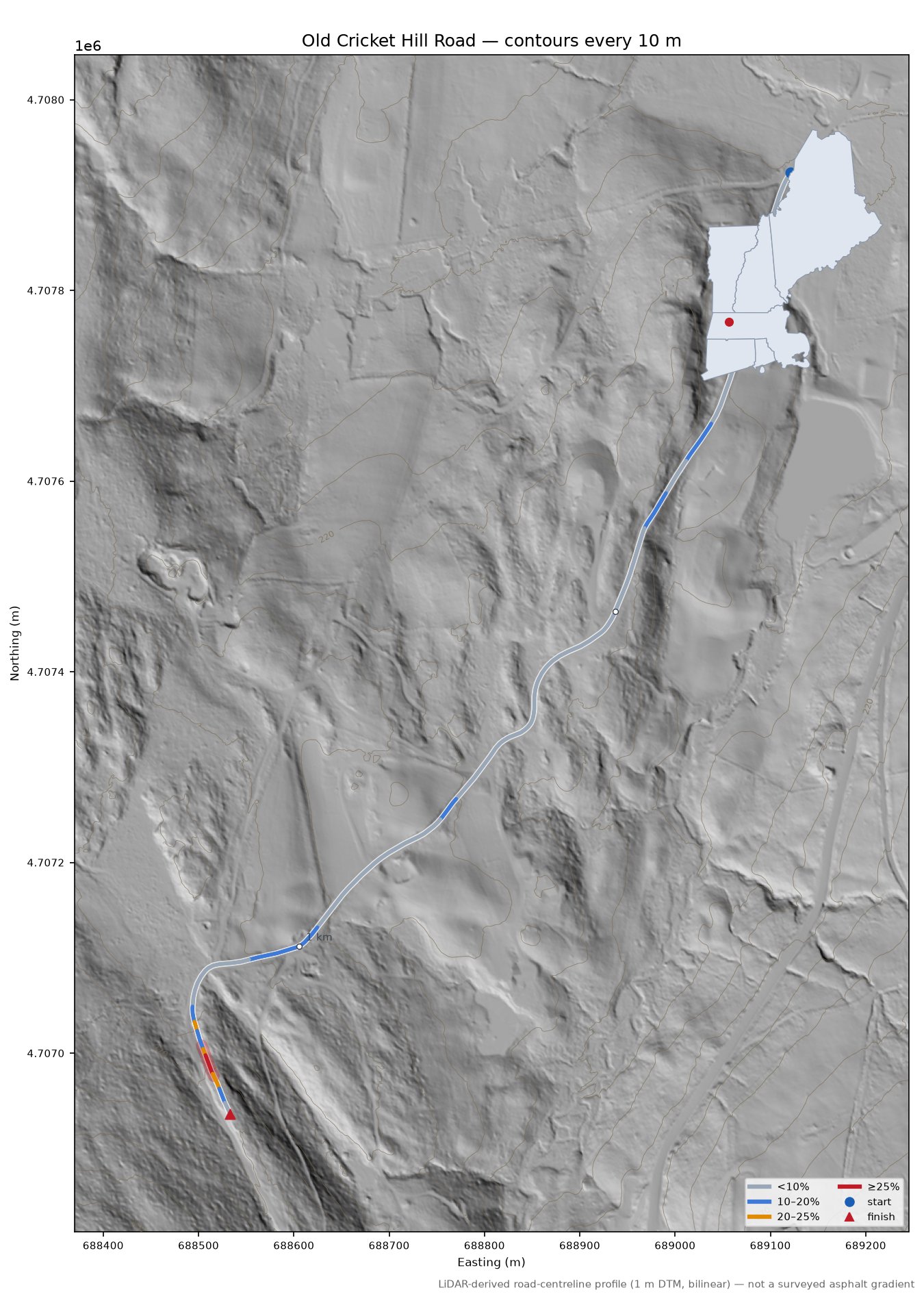 Old Cricket Hill Road LiDAR hillshade map with contours