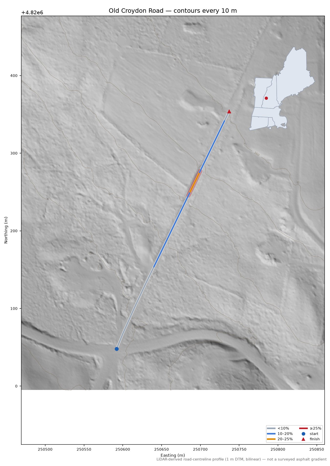 Old Croydon Road LiDAR hillshade map with contours