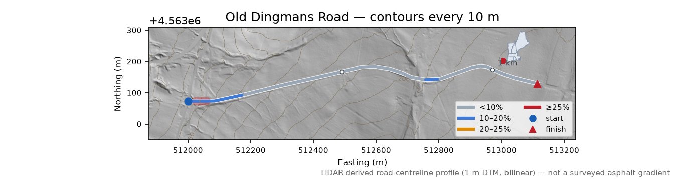 Old Dingmans Road LiDAR hillshade map with contours