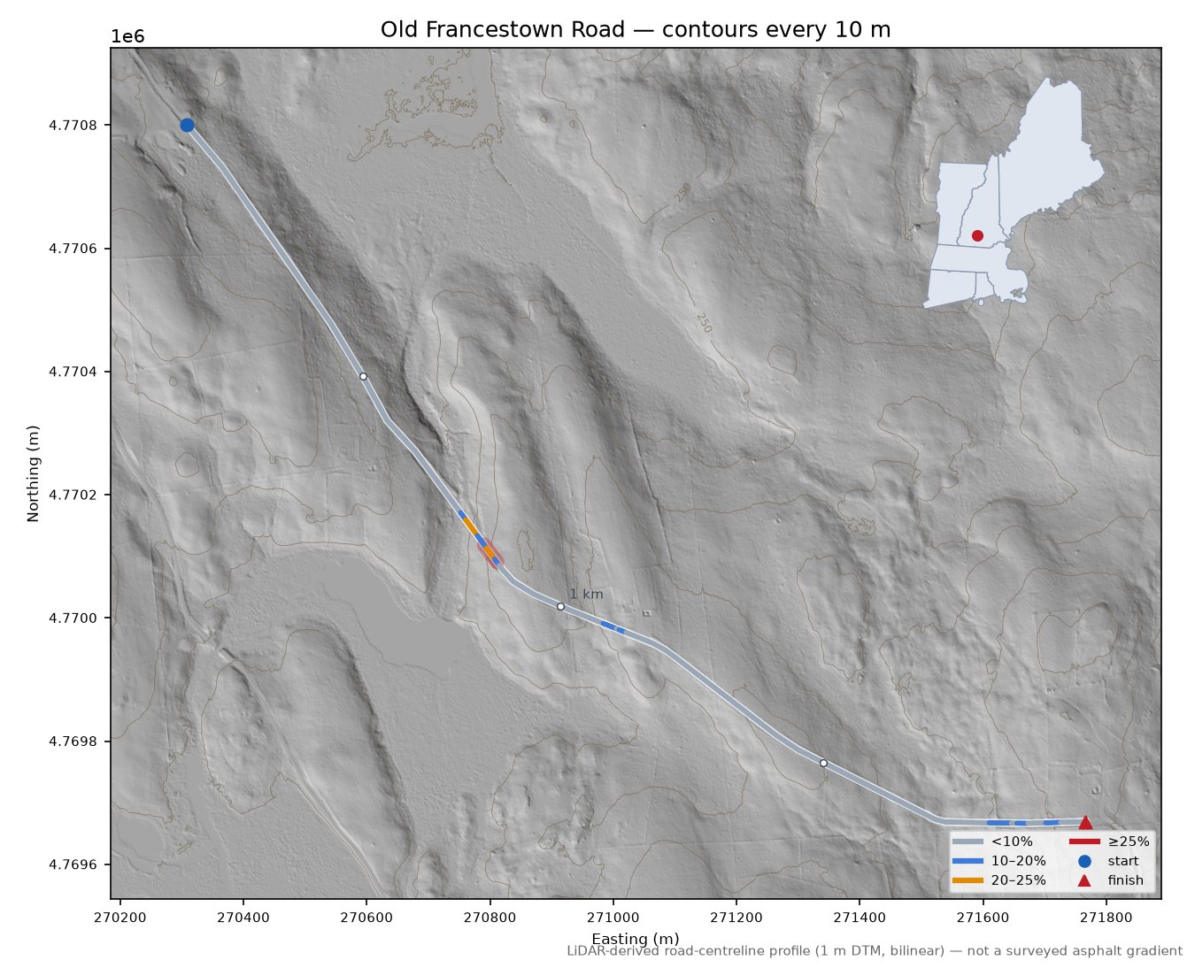 Old Francestown Road LiDAR hillshade map with contours