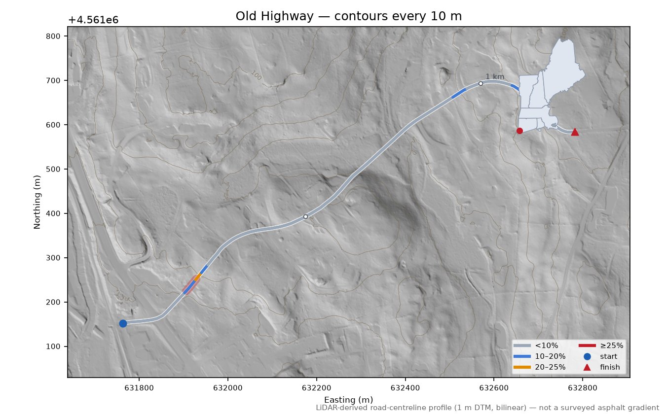 Old Highway LiDAR hillshade map with contours